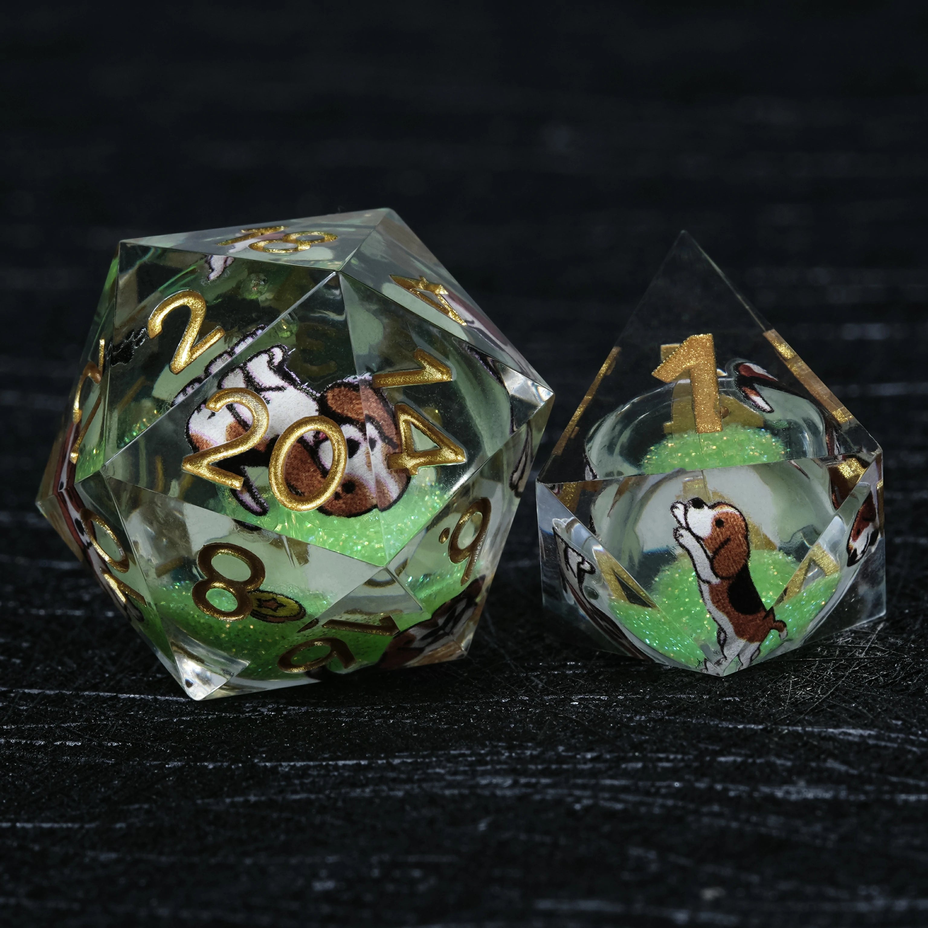 Beagle Green Liquid-Core Dice Set | Gold Numbers | 7-Piece RPG Polyhedral Set