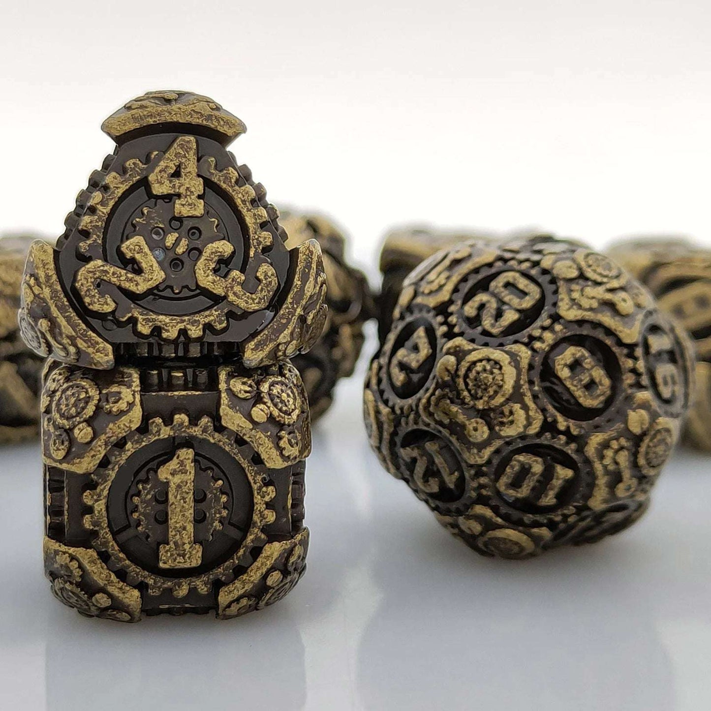 Bronze Gear Solid Metal DND Dice Set - Punk Theme - D4 dice、D6 dice、D20 dice | Bear Dice