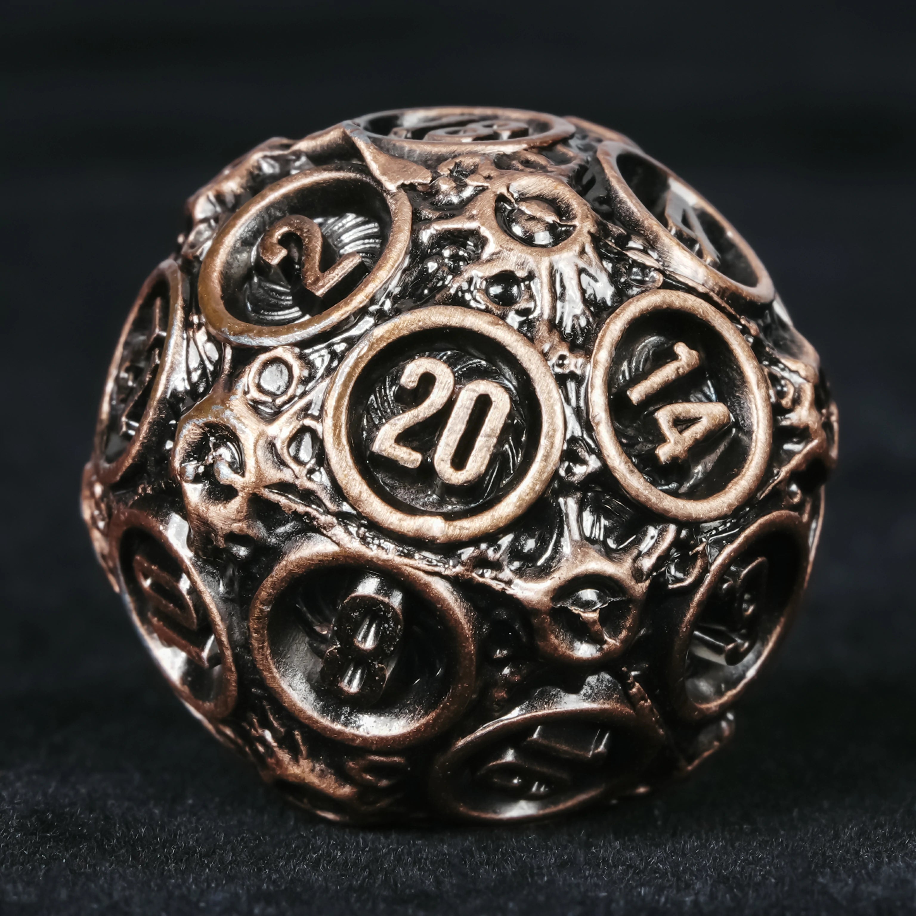 Spherical Planet Metal Dice Set – Hollow Bronze DnD Dice