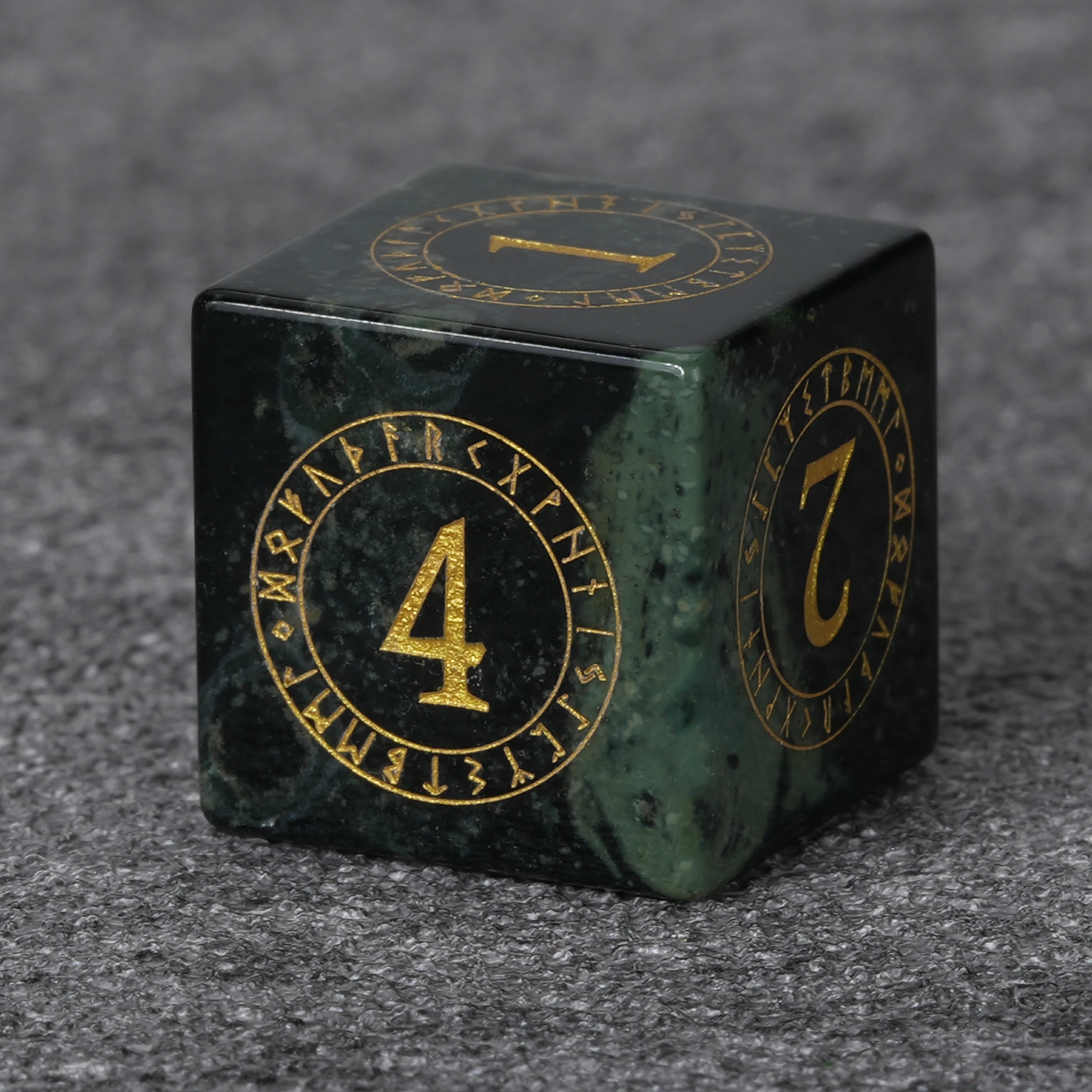 Moss Green Gemstone Dice Set with Mystical Rune Magic Circle