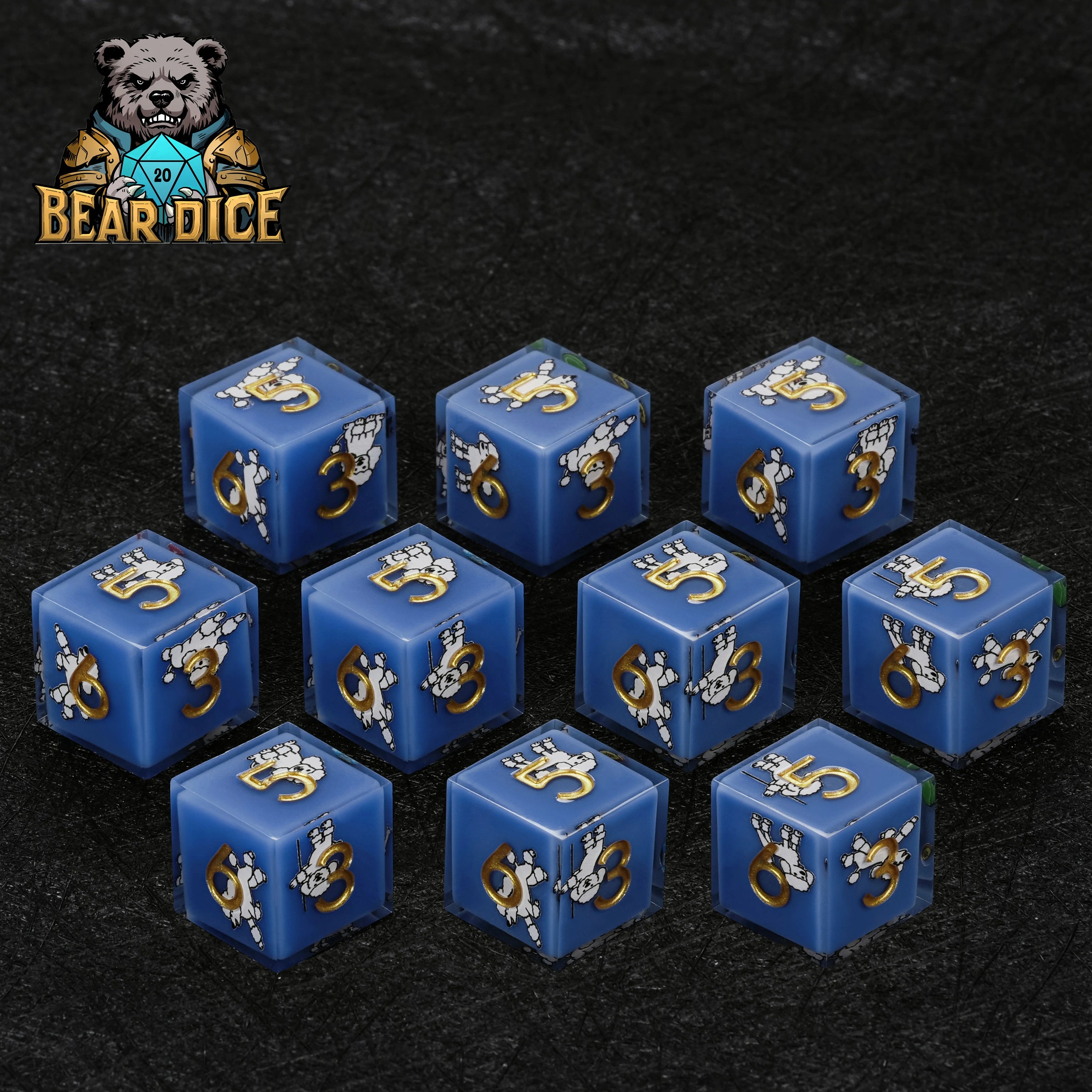 Blue Resin D6 Dice with Poodle Design & Gold Numbers – Single, 3D6 & 10D6 Sets for RPG