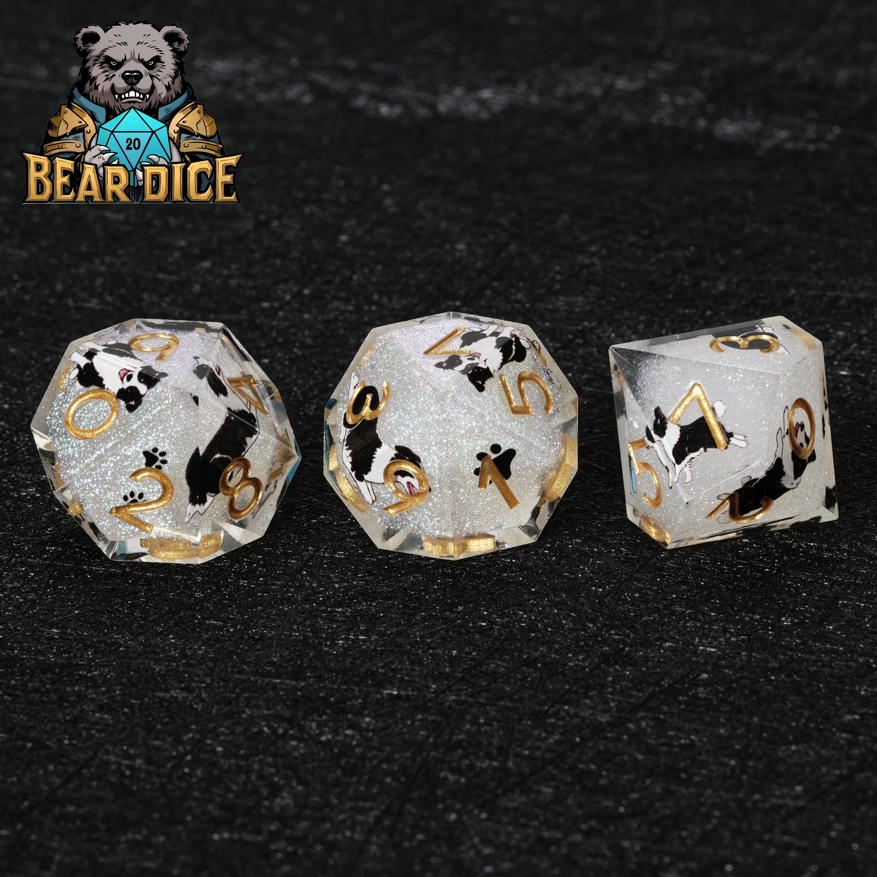 Border Collie White Glitter Resin D10 Dice for D&D & RPG Games