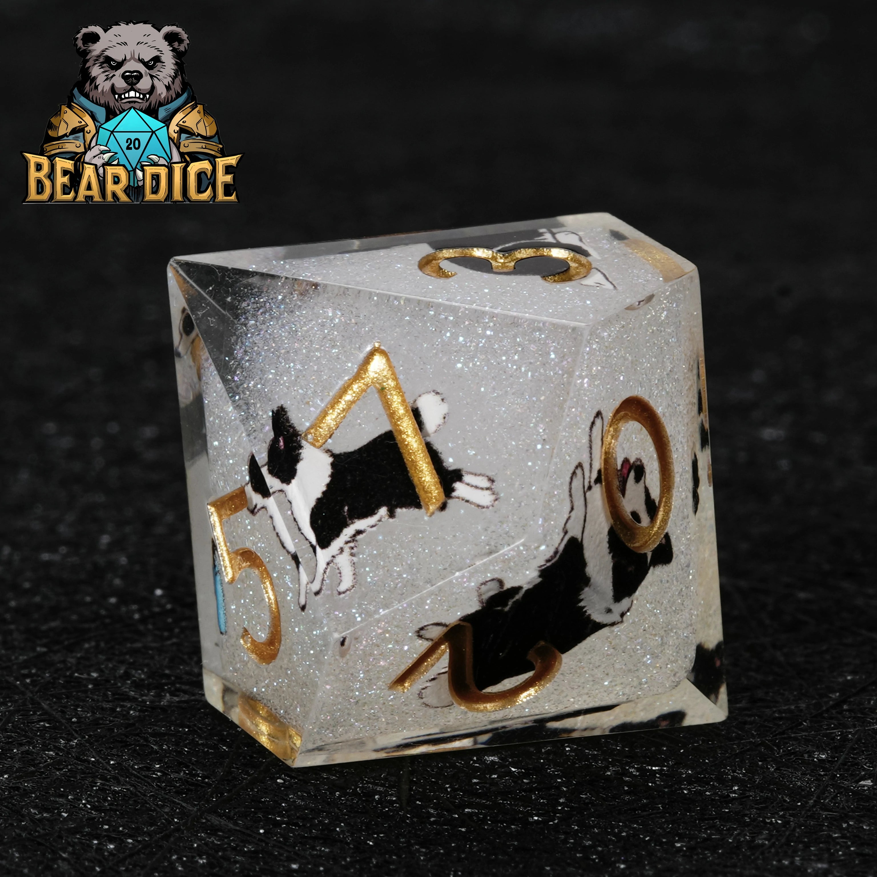 Border Collie White Glitter Resin D10 Dice for D&D & RPG Games