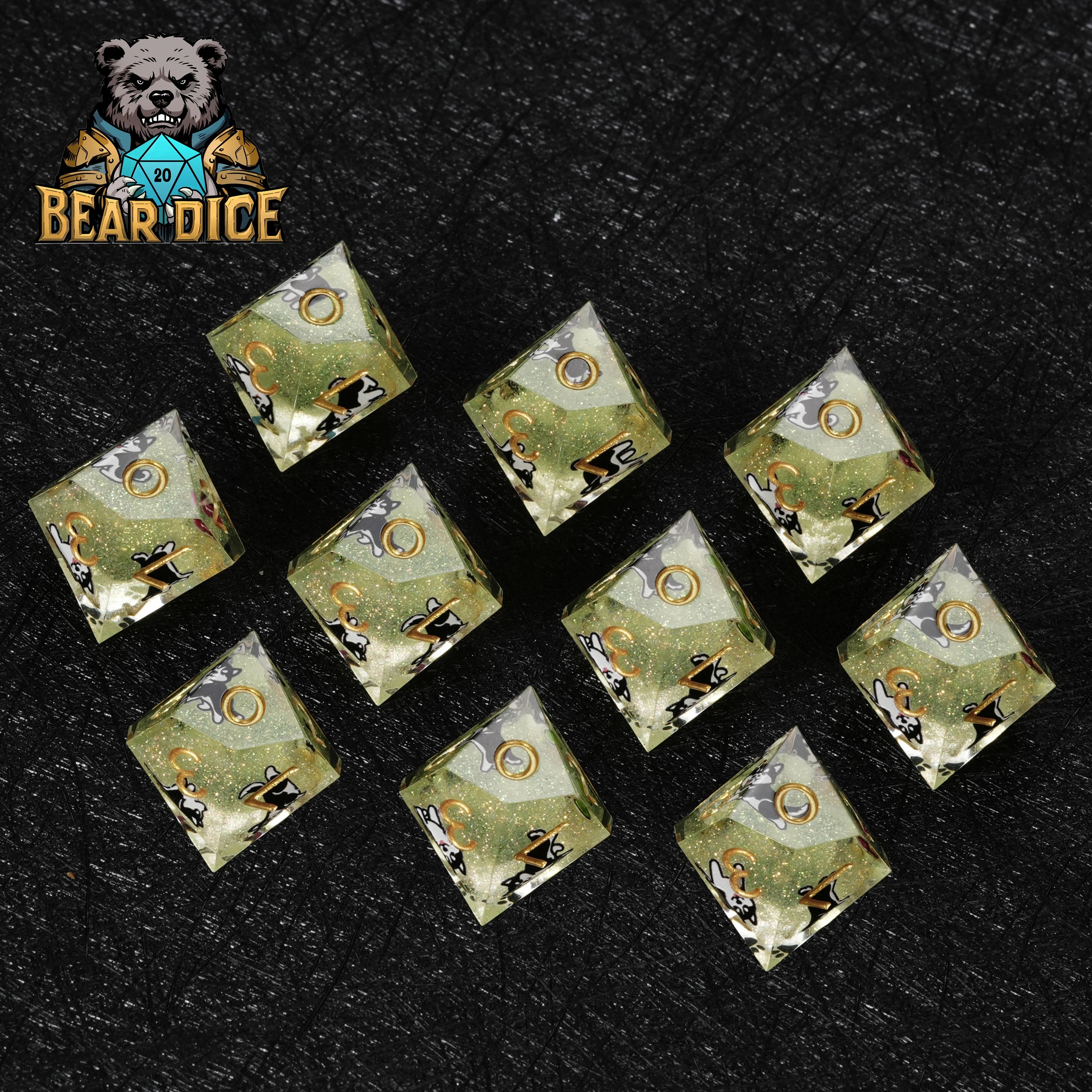 Husky DND D10 Dice Set | Green Glitter Resin Polyhedral Dice for D&D RPG
