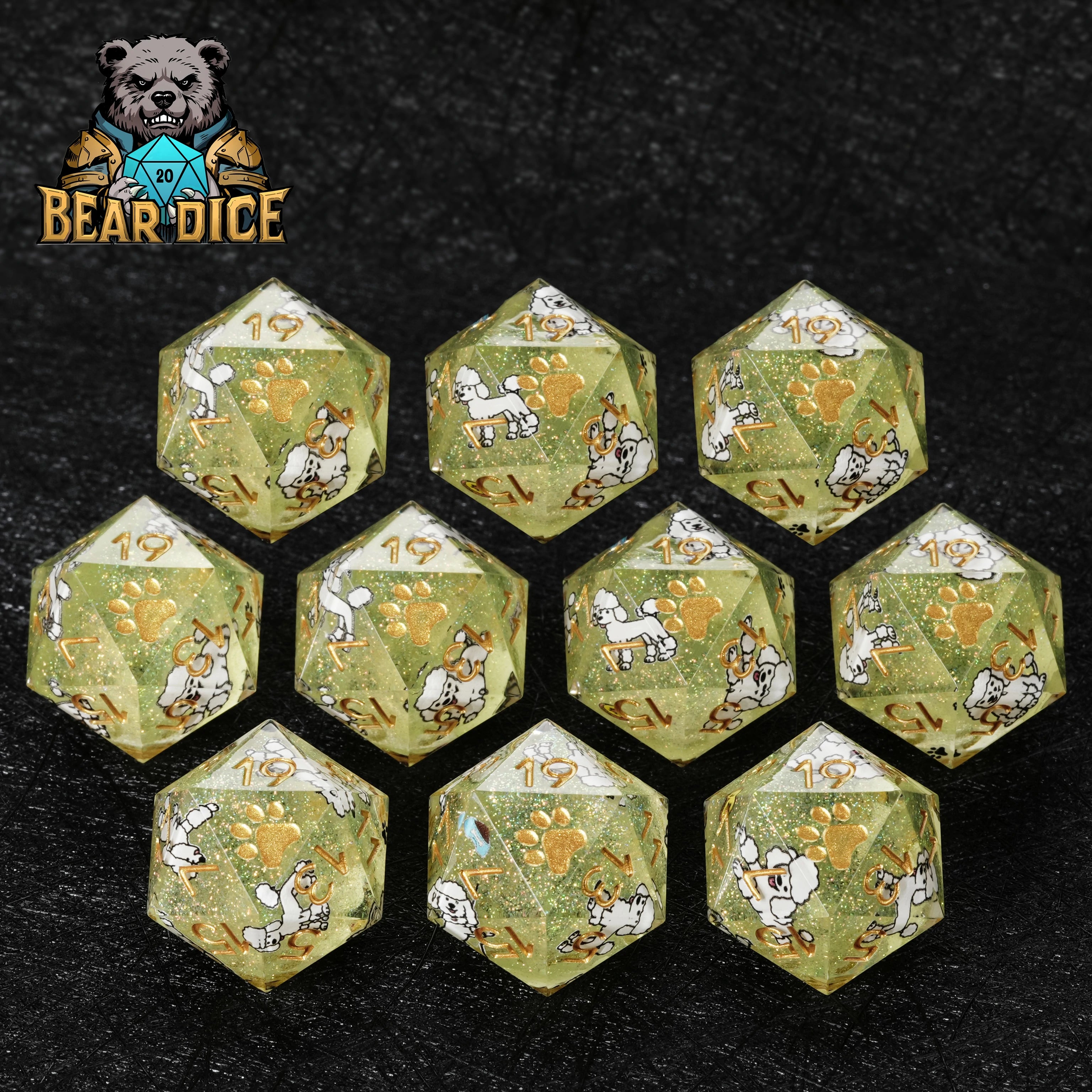Green Glitter Resin Poodle DND Dice Set | D10 RPG Dice for D&D & Tabletop Games