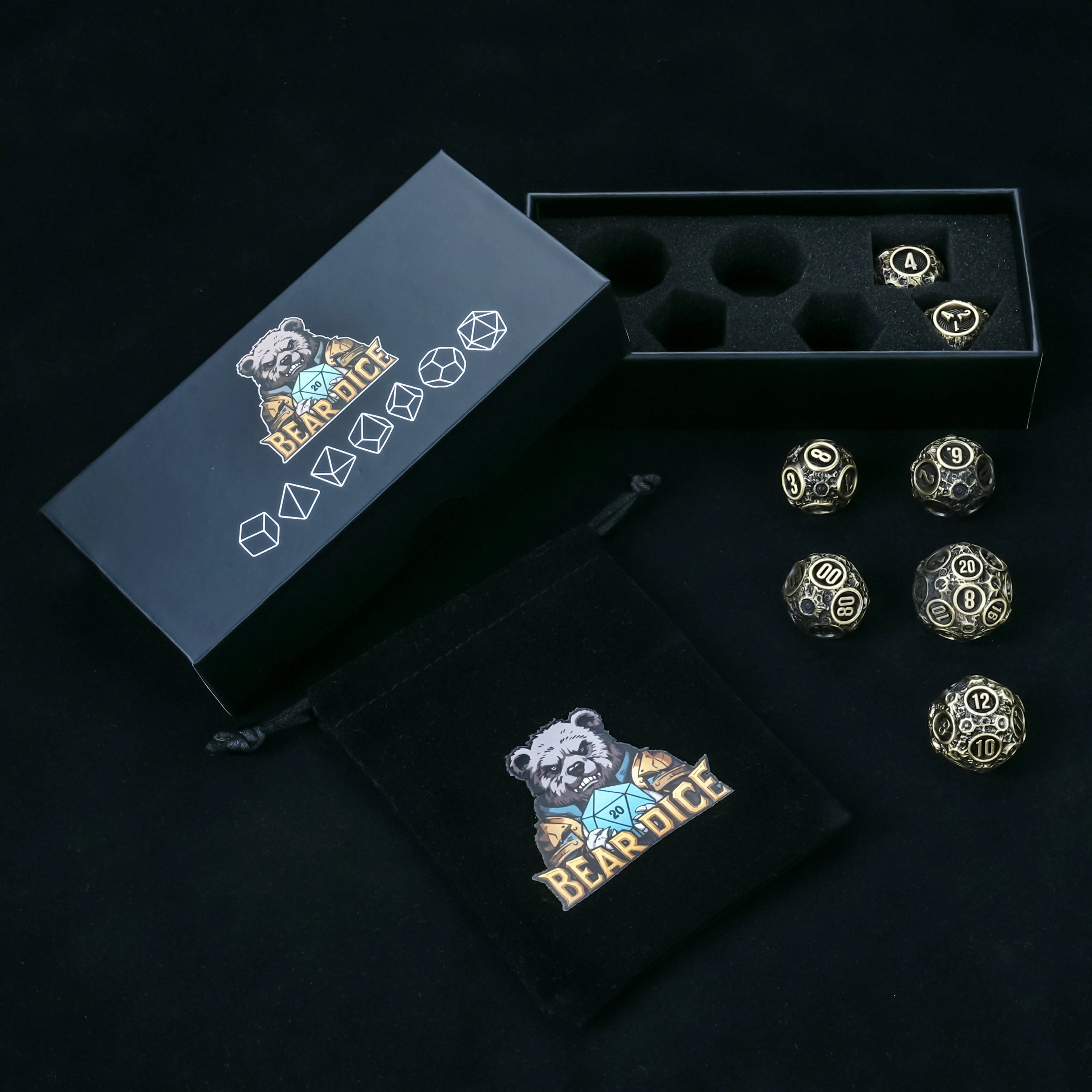 Spherical Planet Metal Dice Set - full 7-piece ancient bronze hollow metal dice set grouped together