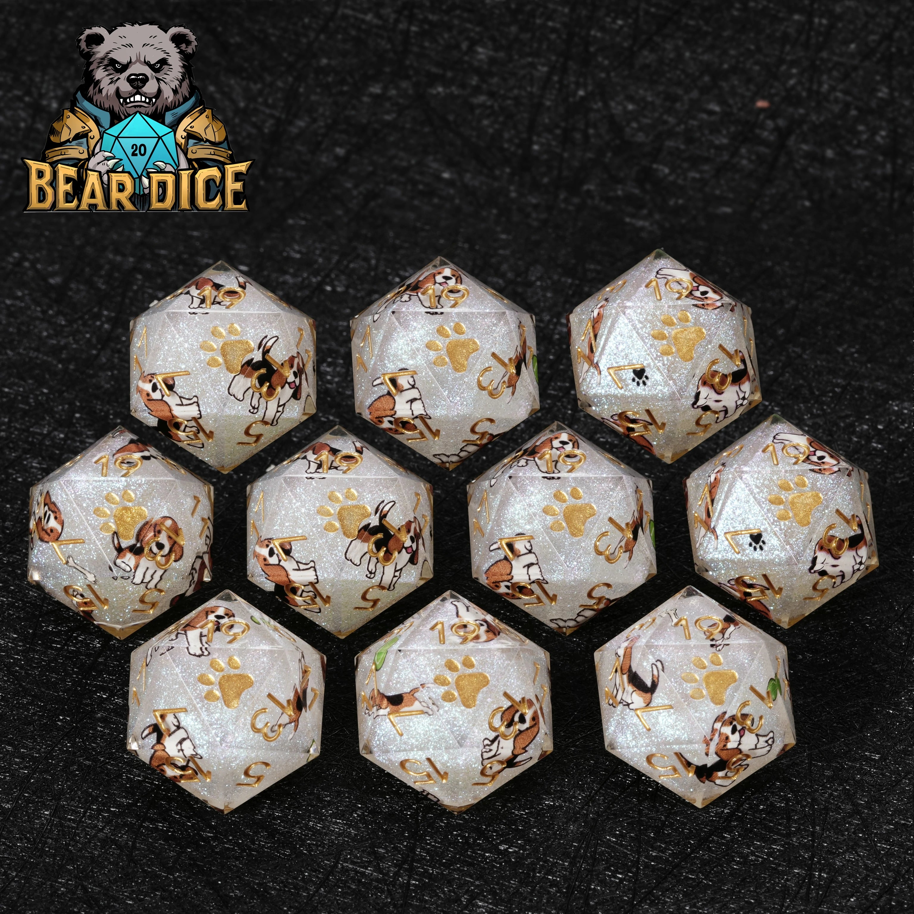 Beagle White Glitter Resin DND D20 Dice | RPG Polyhedral Dice Set