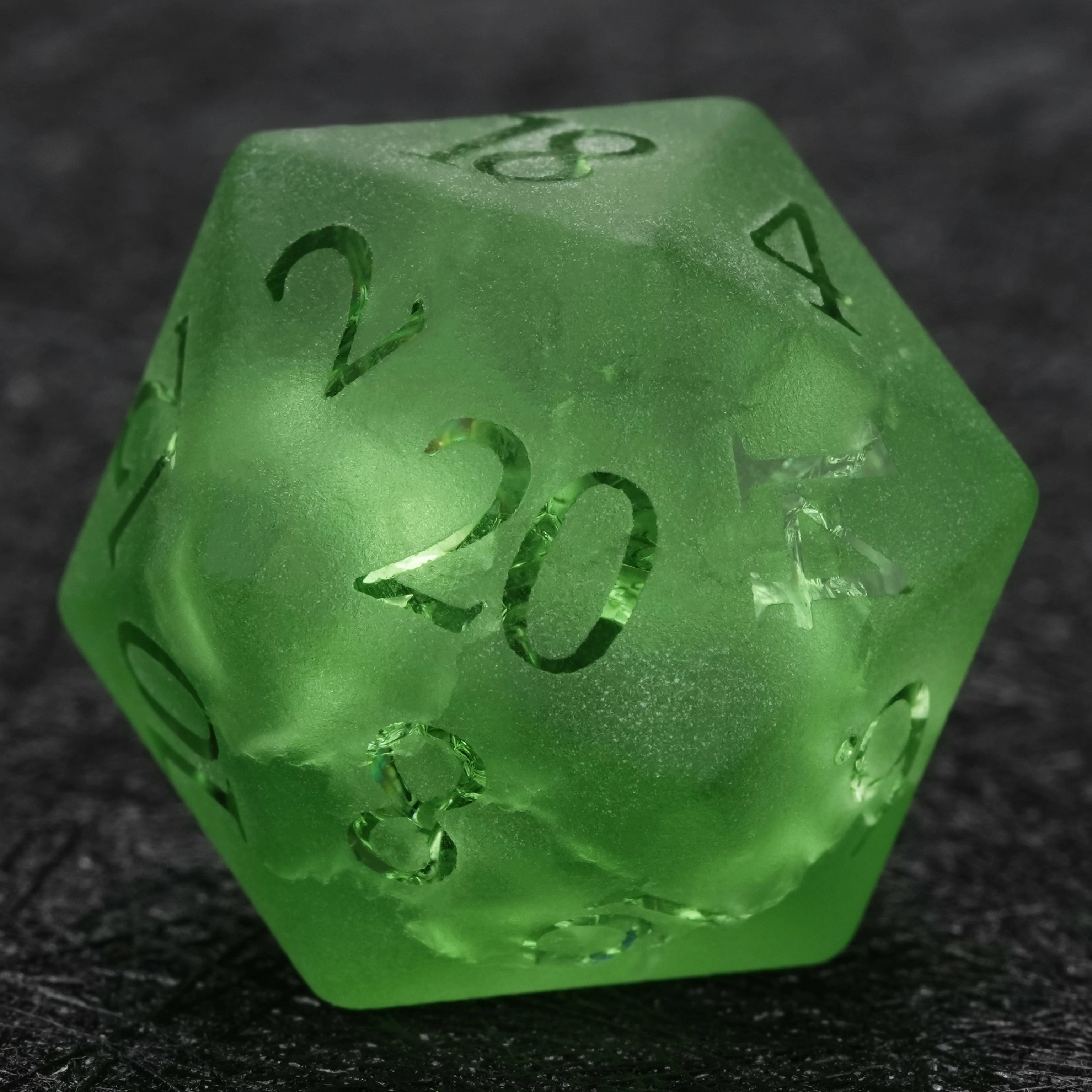Green Frosted Crackle-Effect Glass Gemstone Dice Set with Raised Numbers