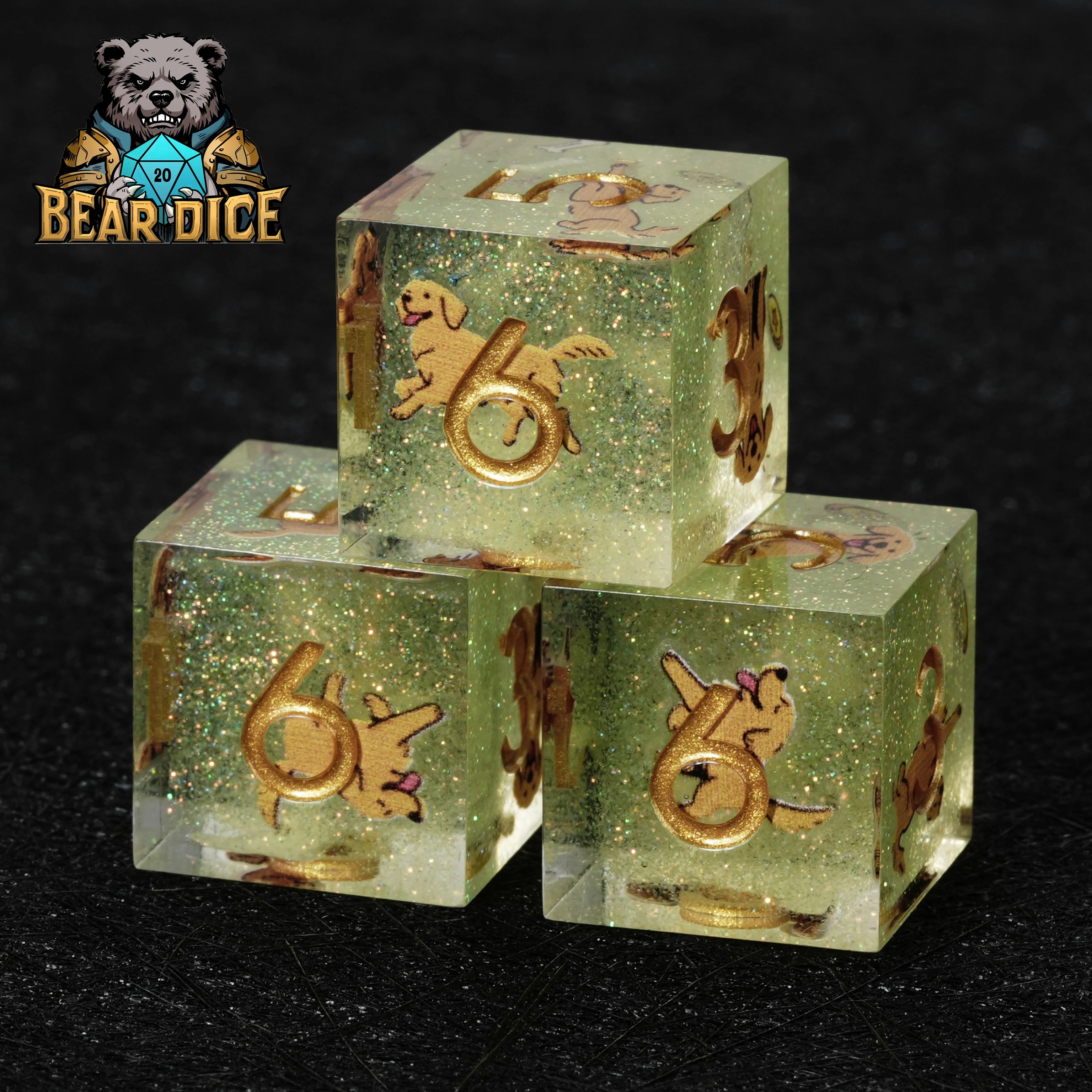 Golden Retriever Green Glitter Resin D6 Dice – D&D RPG Tabletop Gaming Dice
