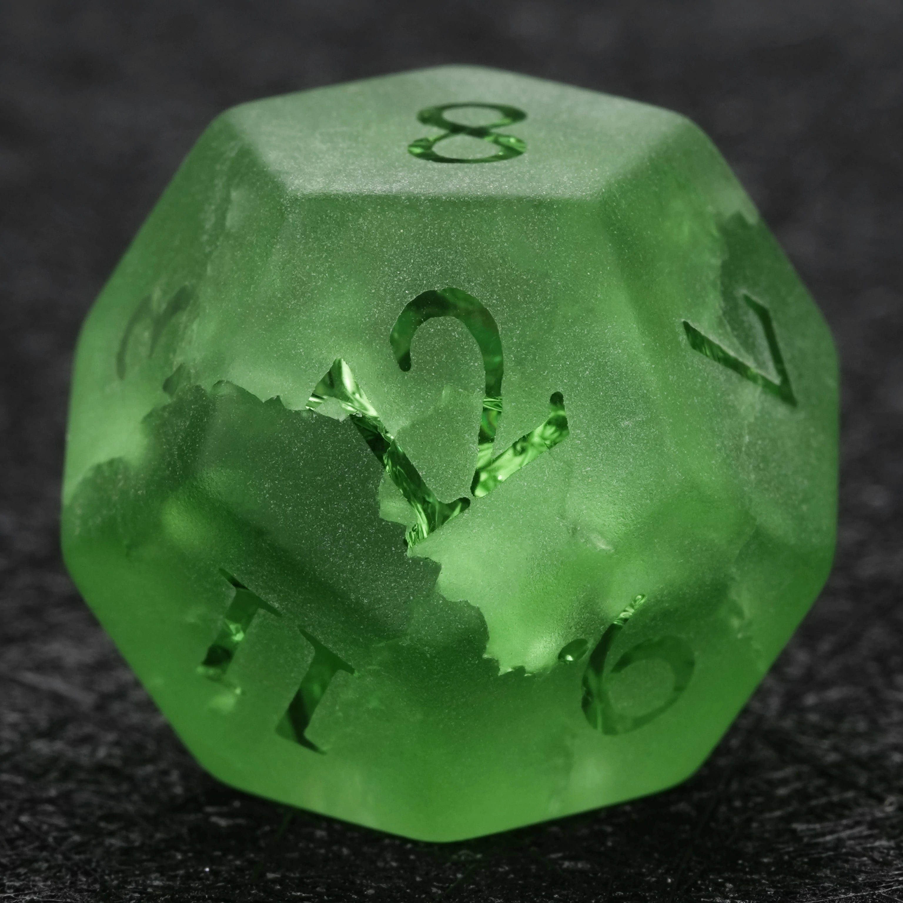 Green Frosted Crackle-Effect Glass Gemstone Dice Set with Raised Numbers