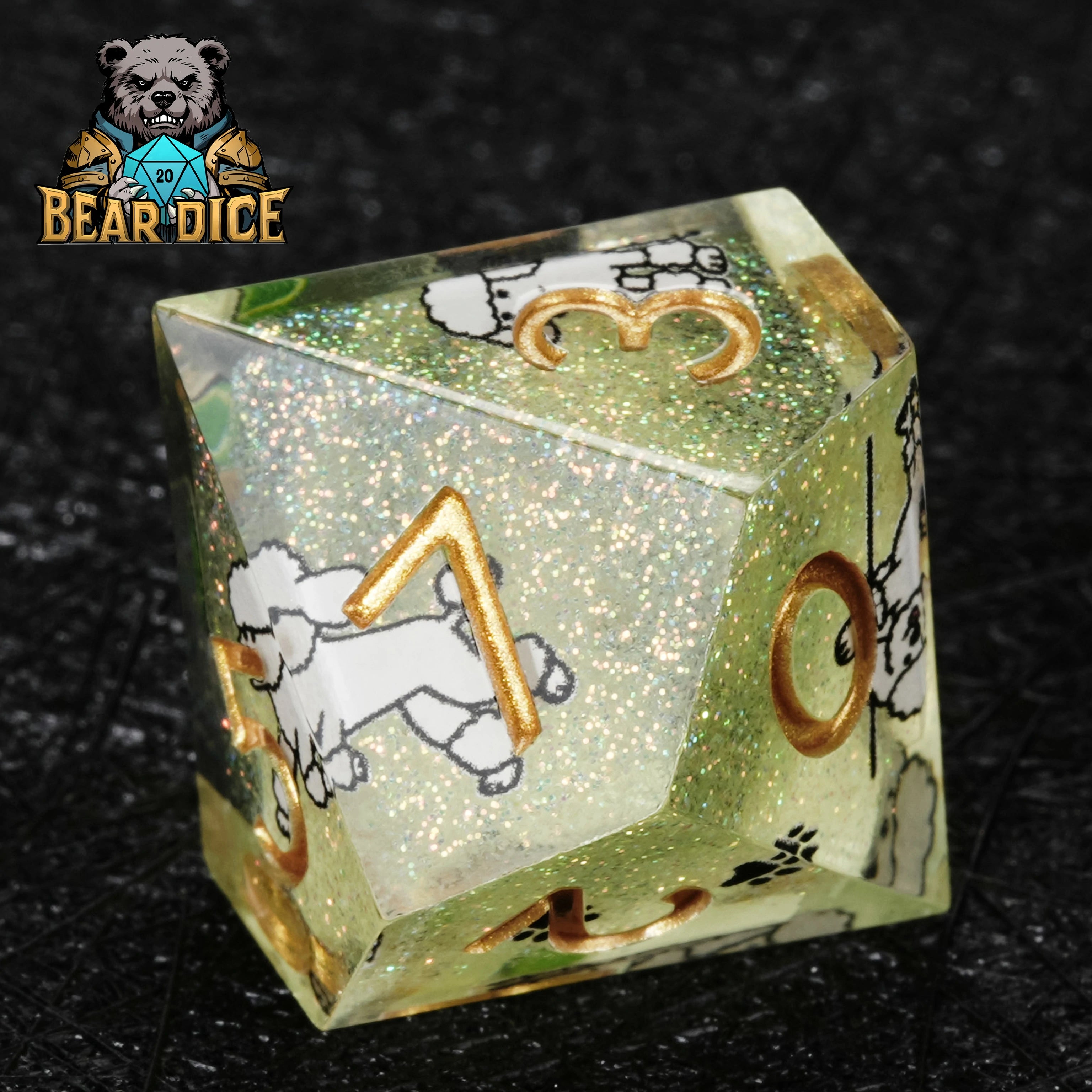 Green Glitter Resin Poodle DND Dice Set | D10 RPG Dice for D&D & Tabletop Games