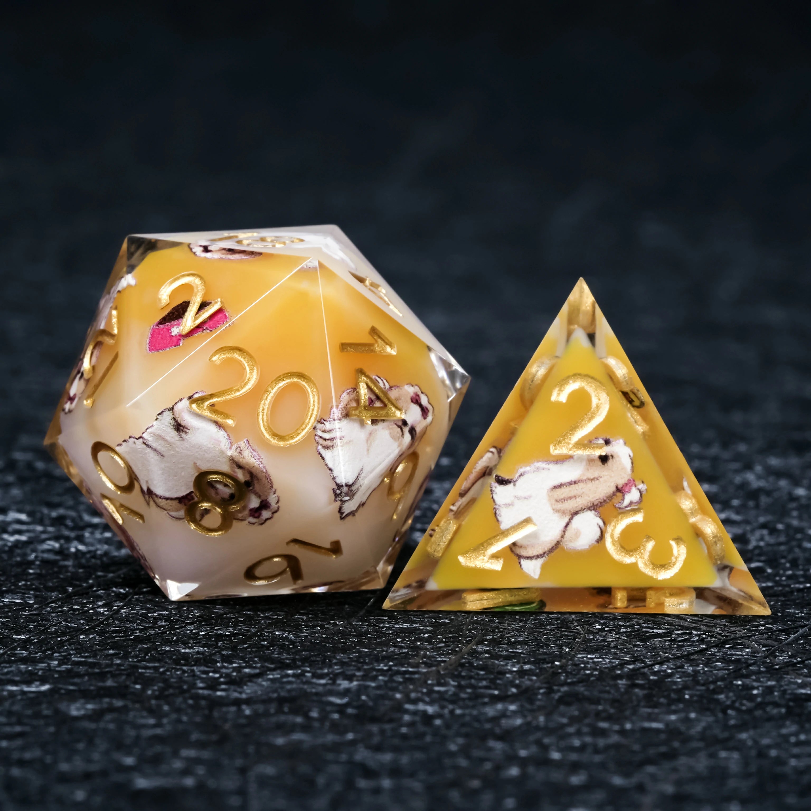 Shih Tzu Dice Set – Yellow & White Resin Polyhedral Dice with Gold Numbers