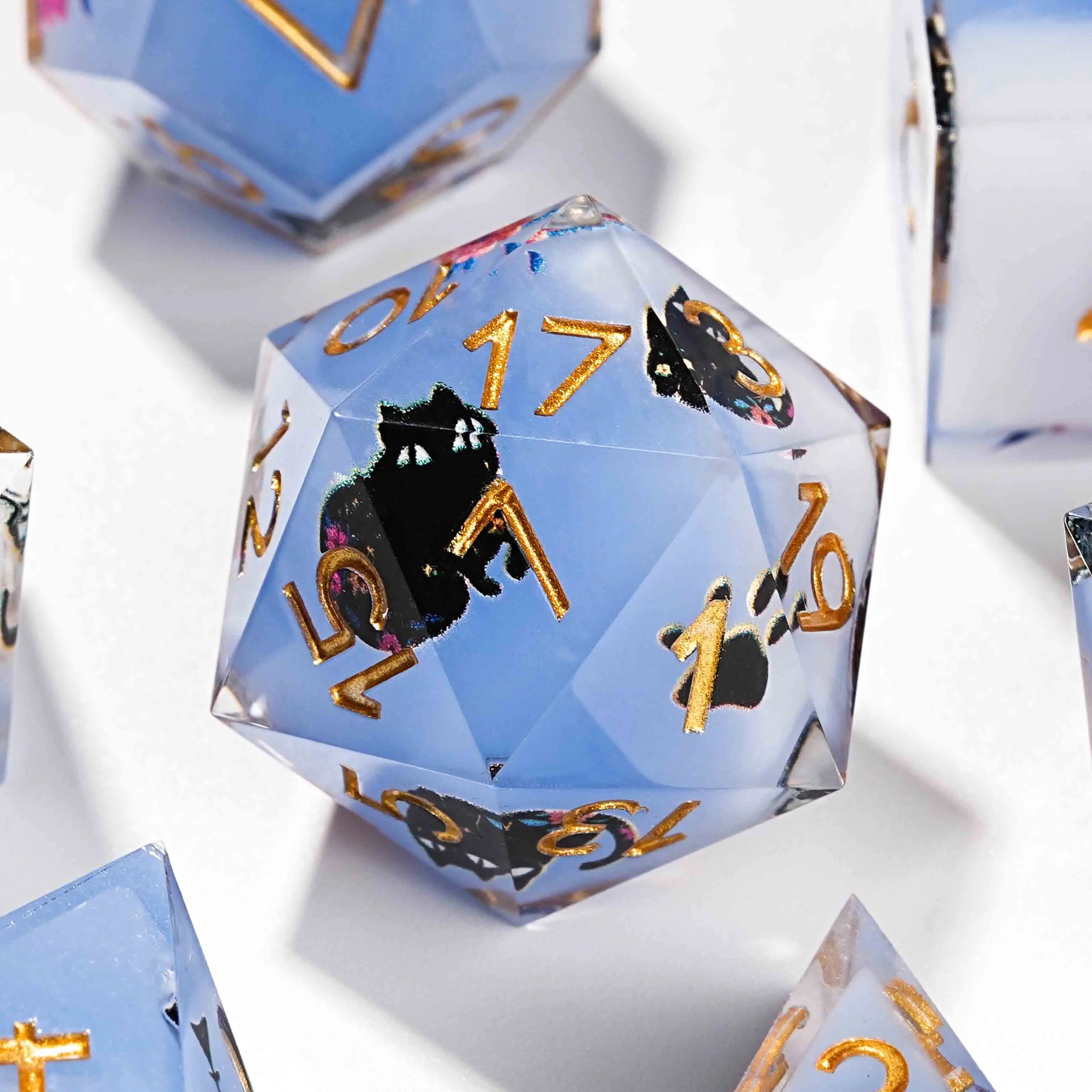 Egyptian Pharaoh blue and white background with flowers and black cat resin sharp edge dnd 20 sided dice + gold lettering | Bear Dice