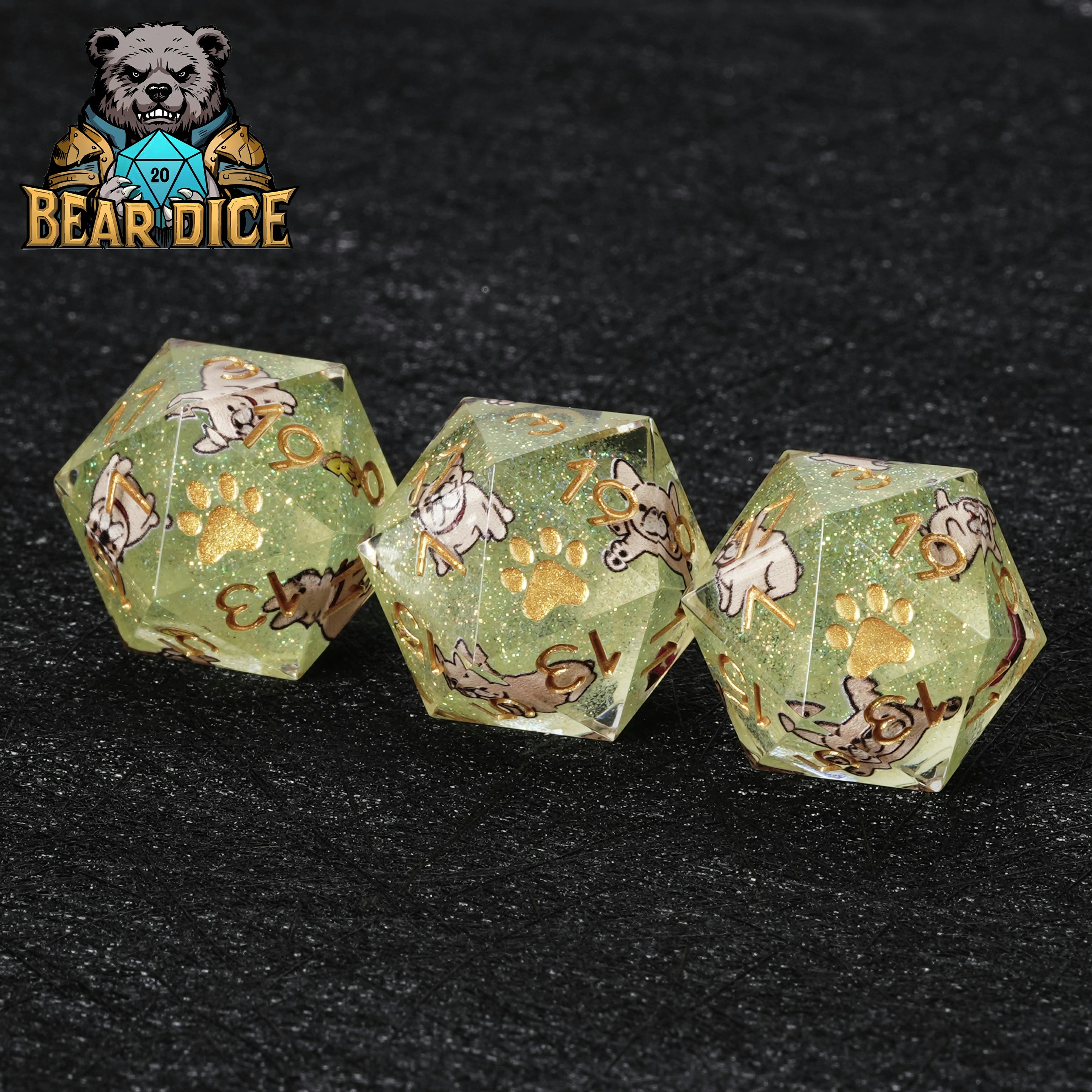 Bulldog Green Glitter Resin D&D D20 Dice | Single D20 for RPG