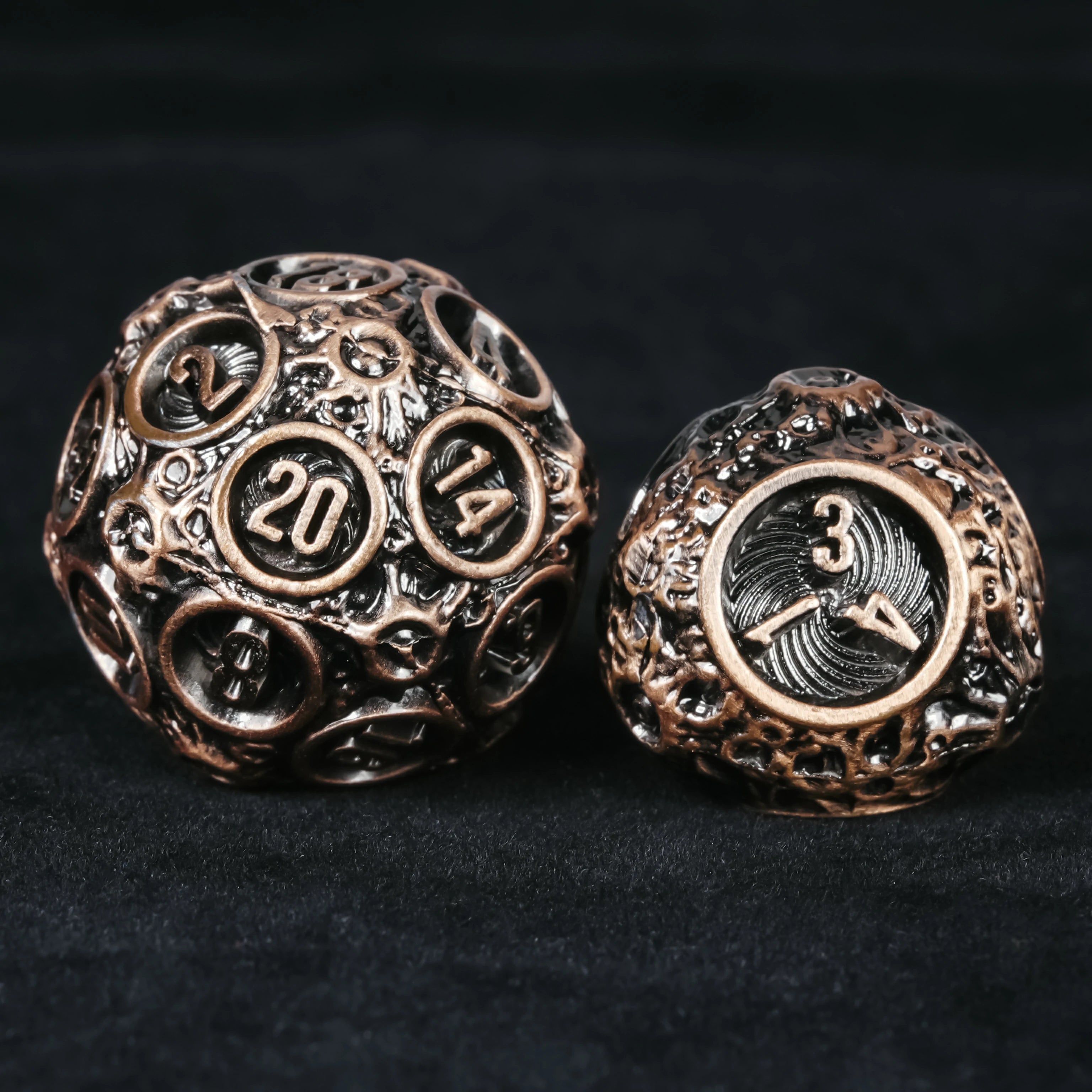 Spherical Planet Metal Dice Set - full 7-piece hollow bronze set