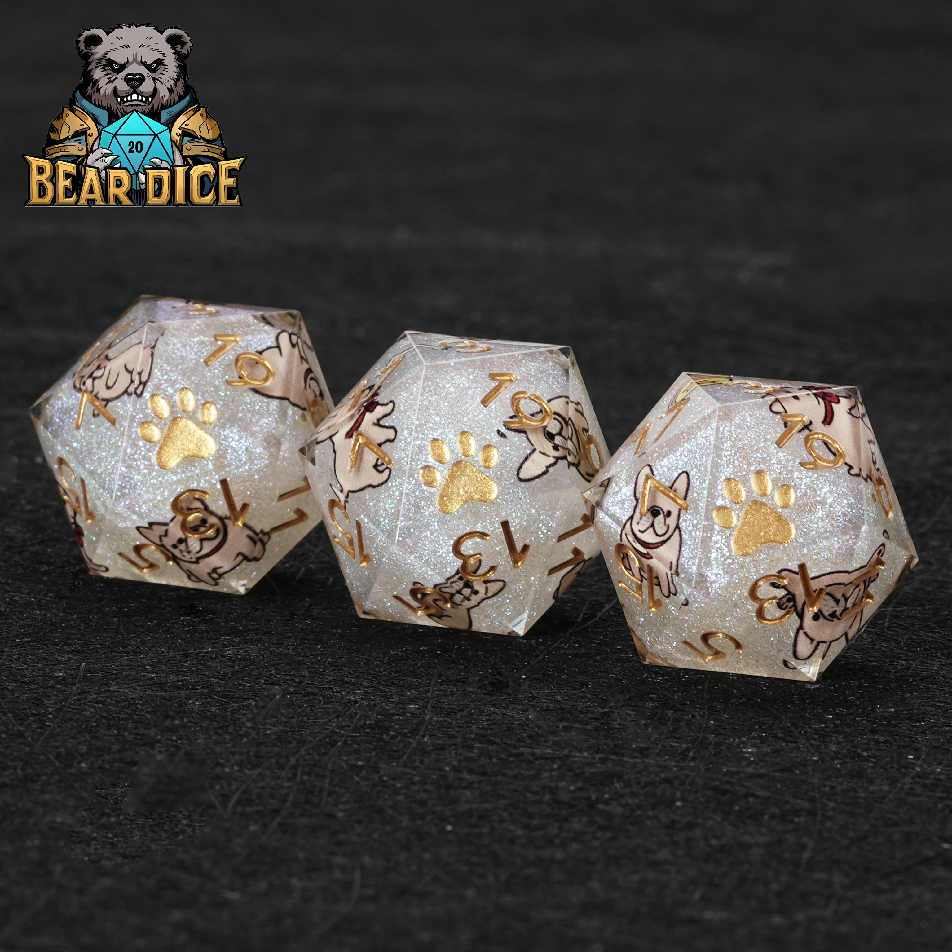 Bulldog White Glitter Resin D&D D20 Dice