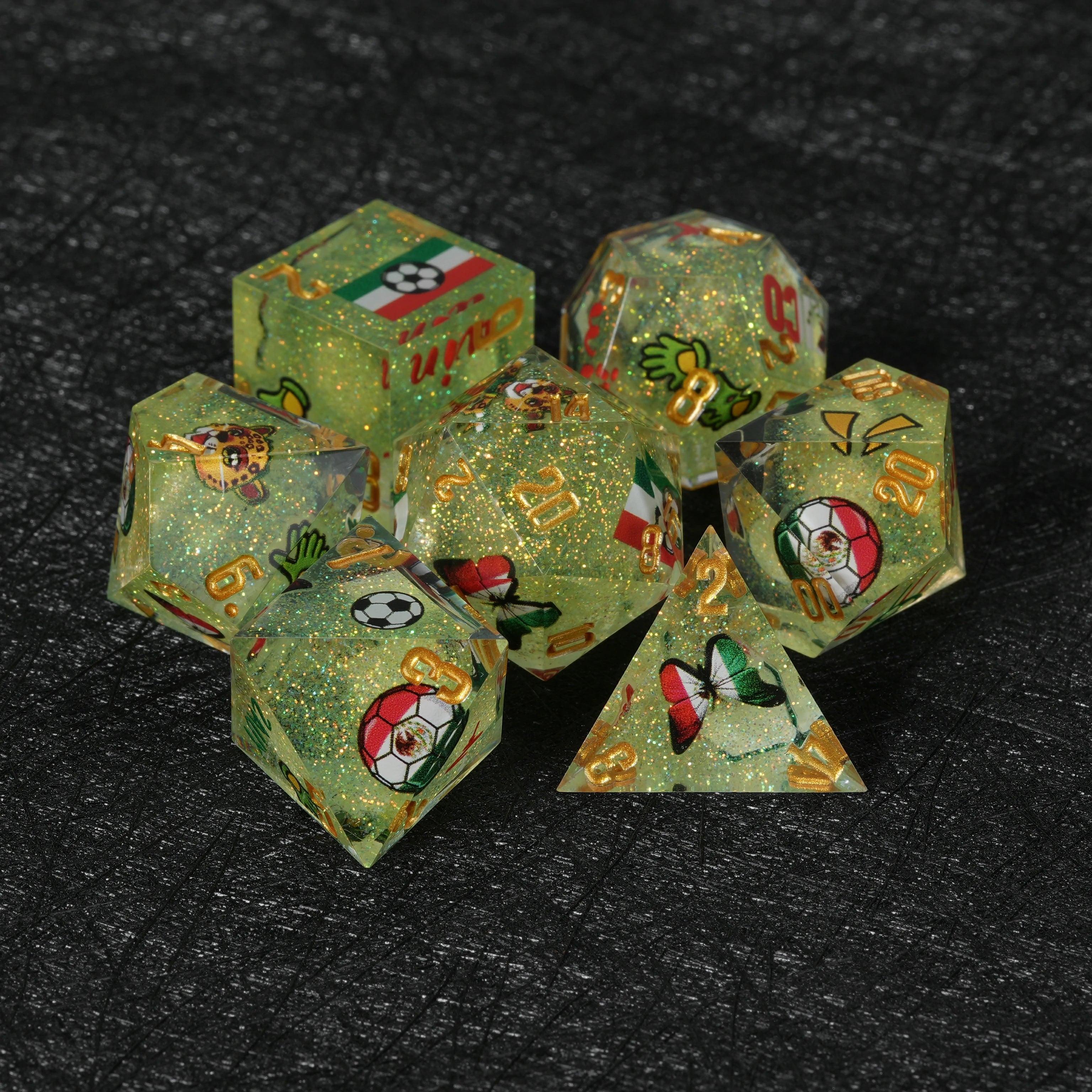 Mexico Soccer DND Resin Dice Set | World Cup Green Glitter RPG Dice