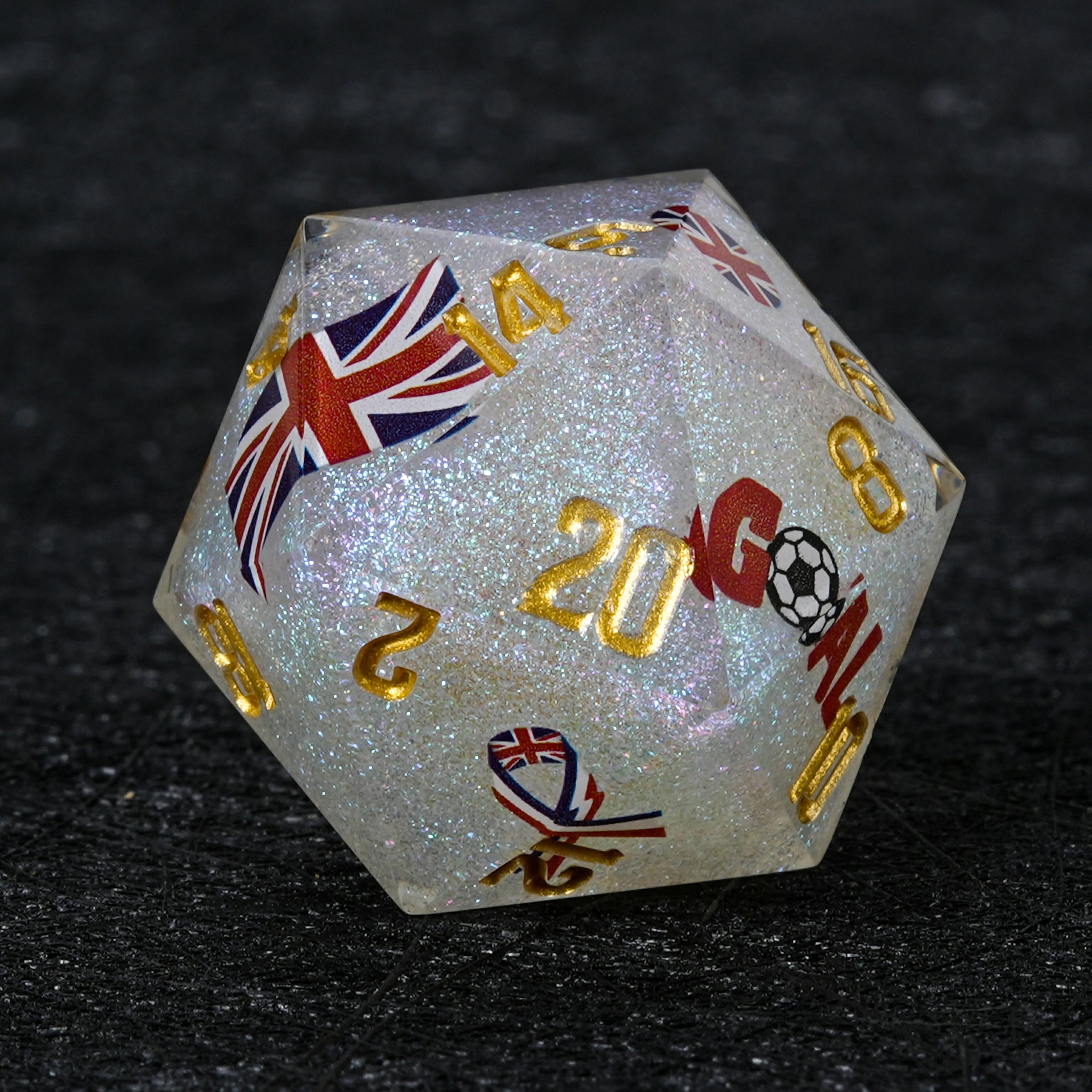 UK Football World Cup Resin Dice Set – White Glitter | 7-Piece RPG Dice