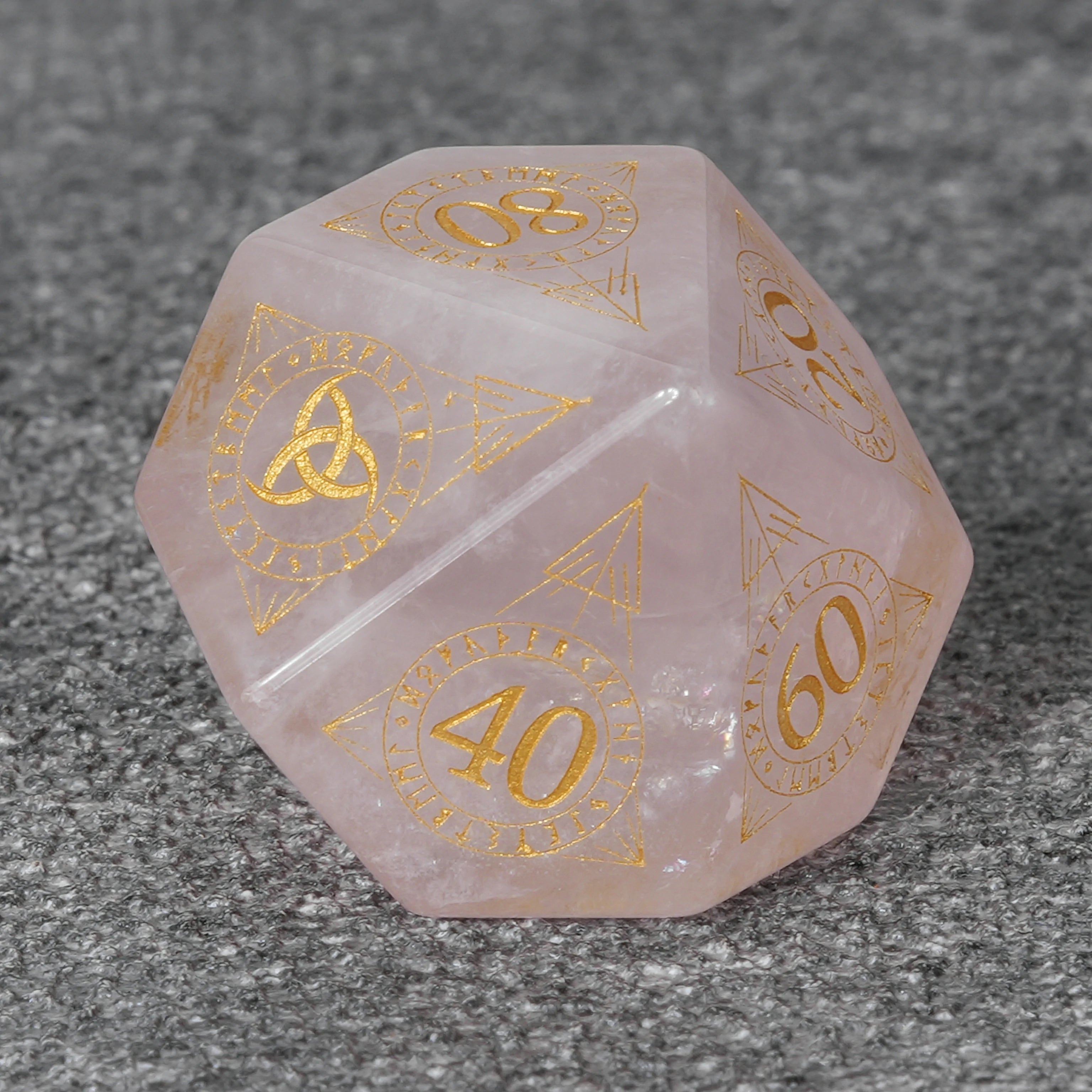Rose Quartz Gemstone Dice Set with Gold Magical Runes