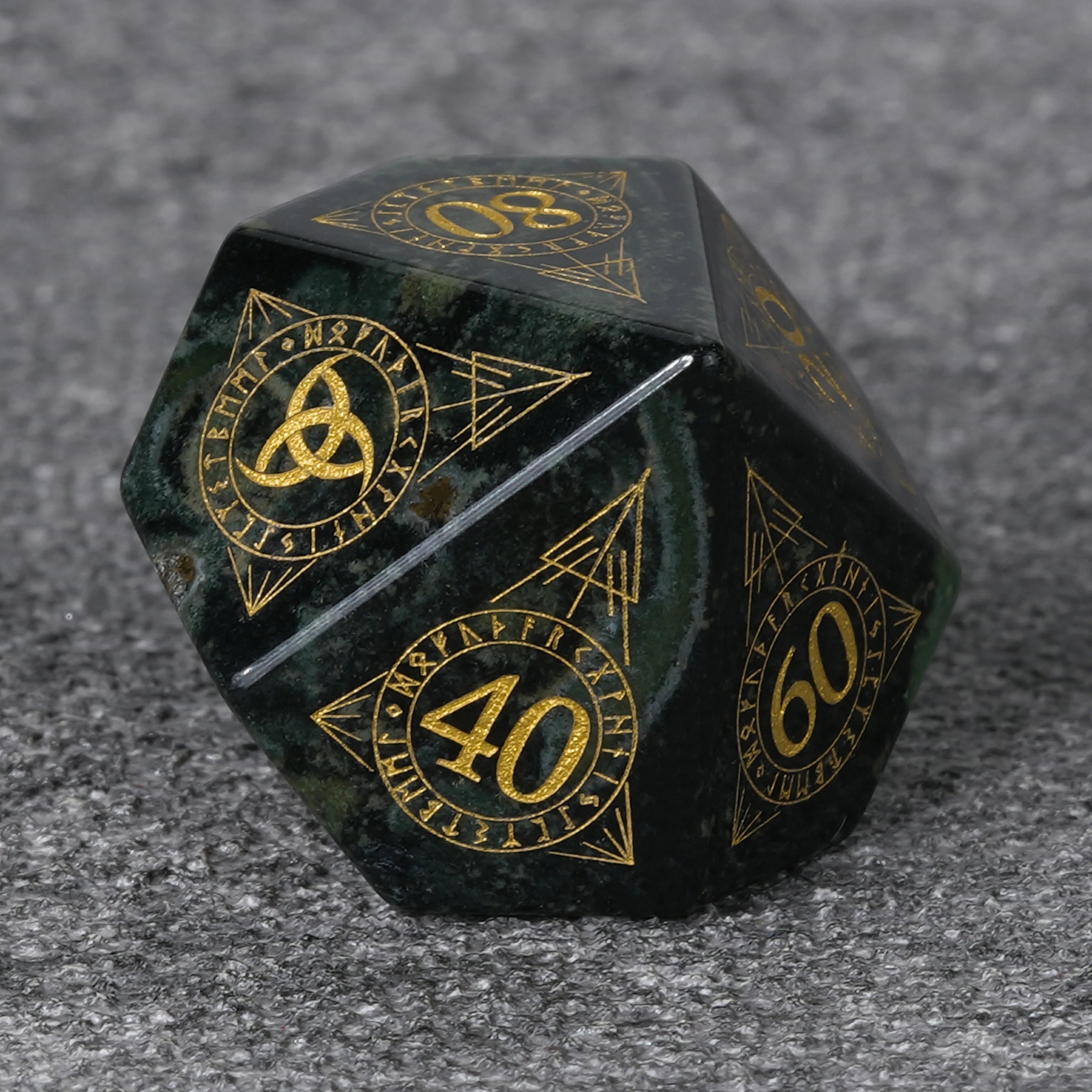 Moss Green Gemstone Dice Set with Mystical Rune Magic Circle