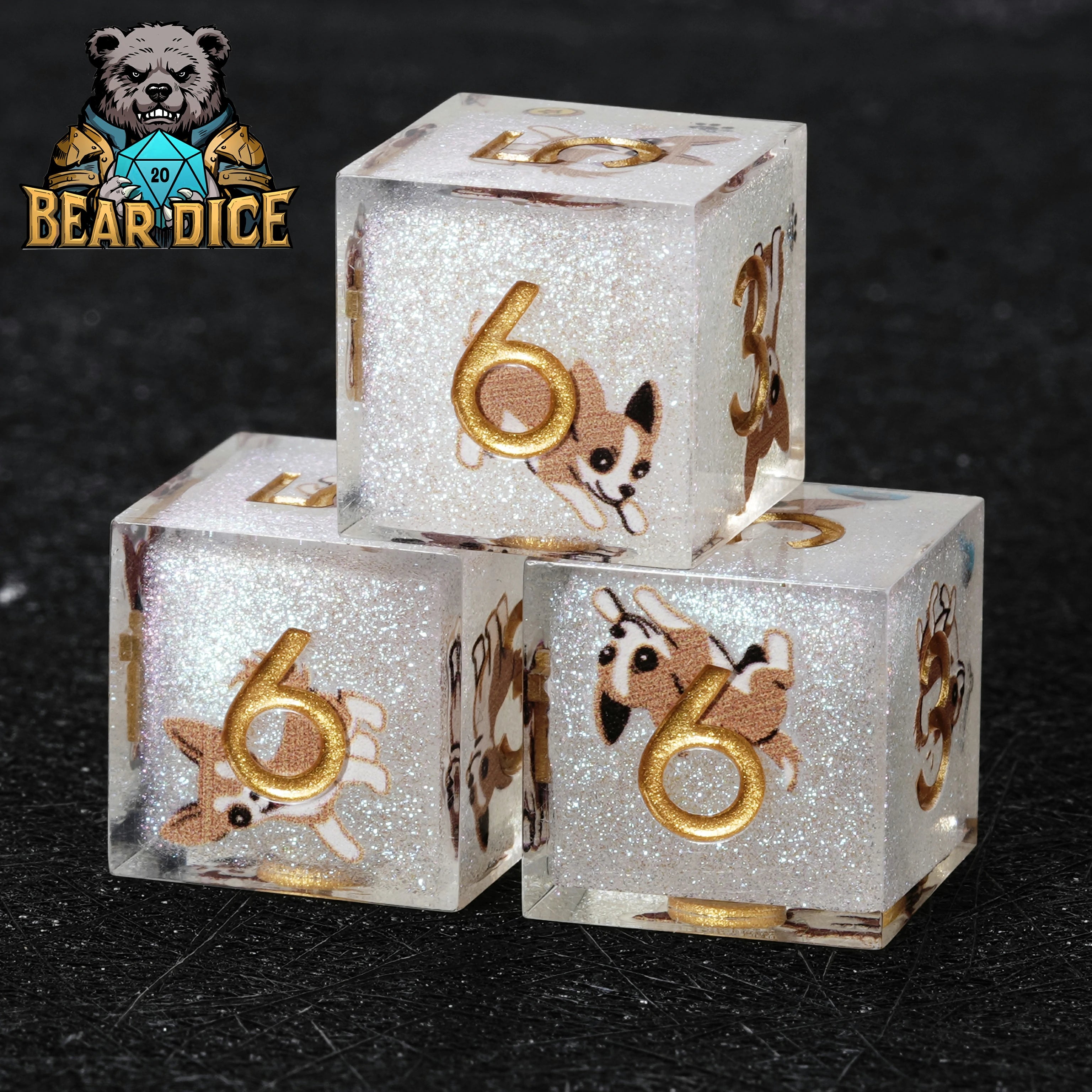 Chihuahua White Glitter Resin DND D6 dice
