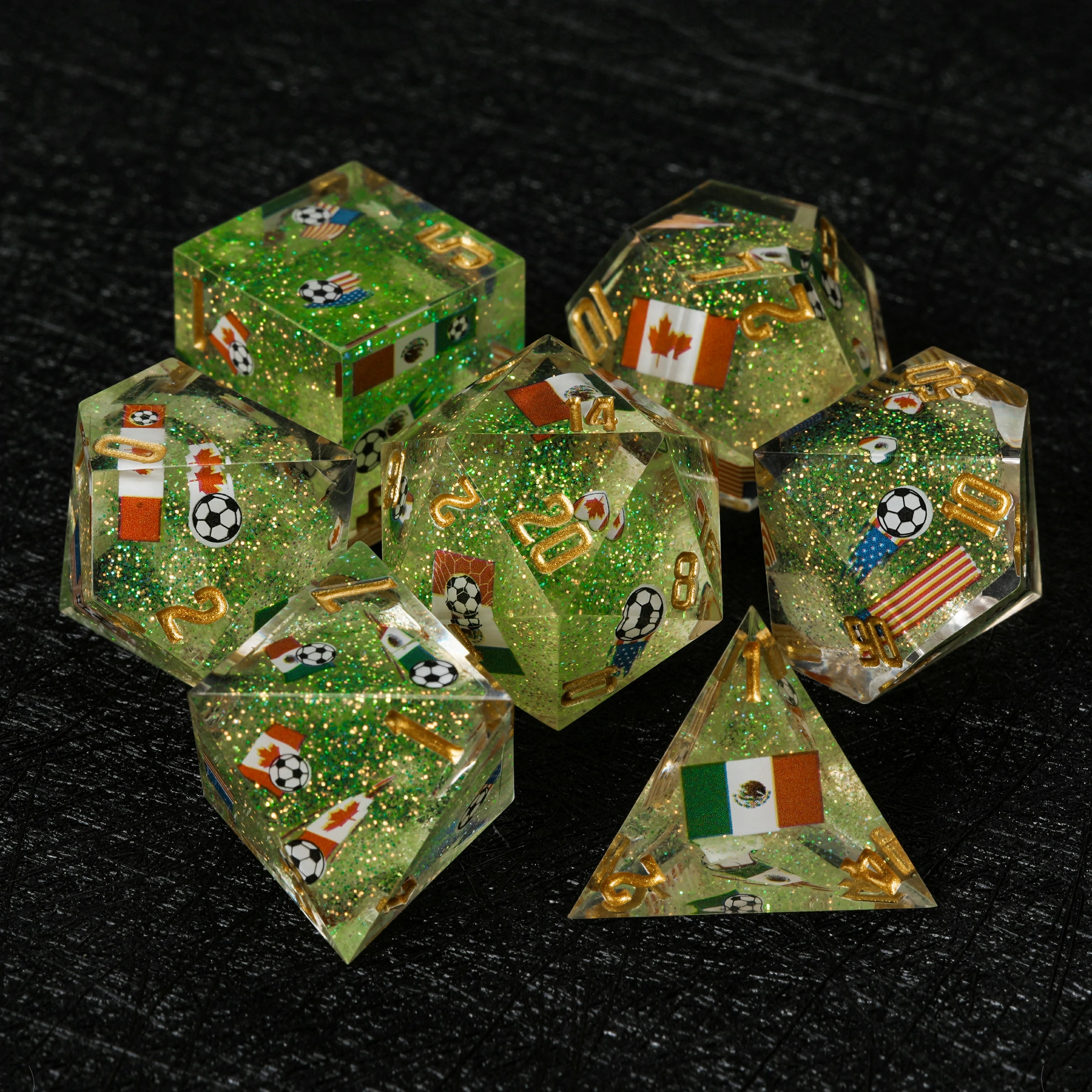 World Cup DND Resin Dice Set – USA Canada Mexico Kickstarter Green Glitter