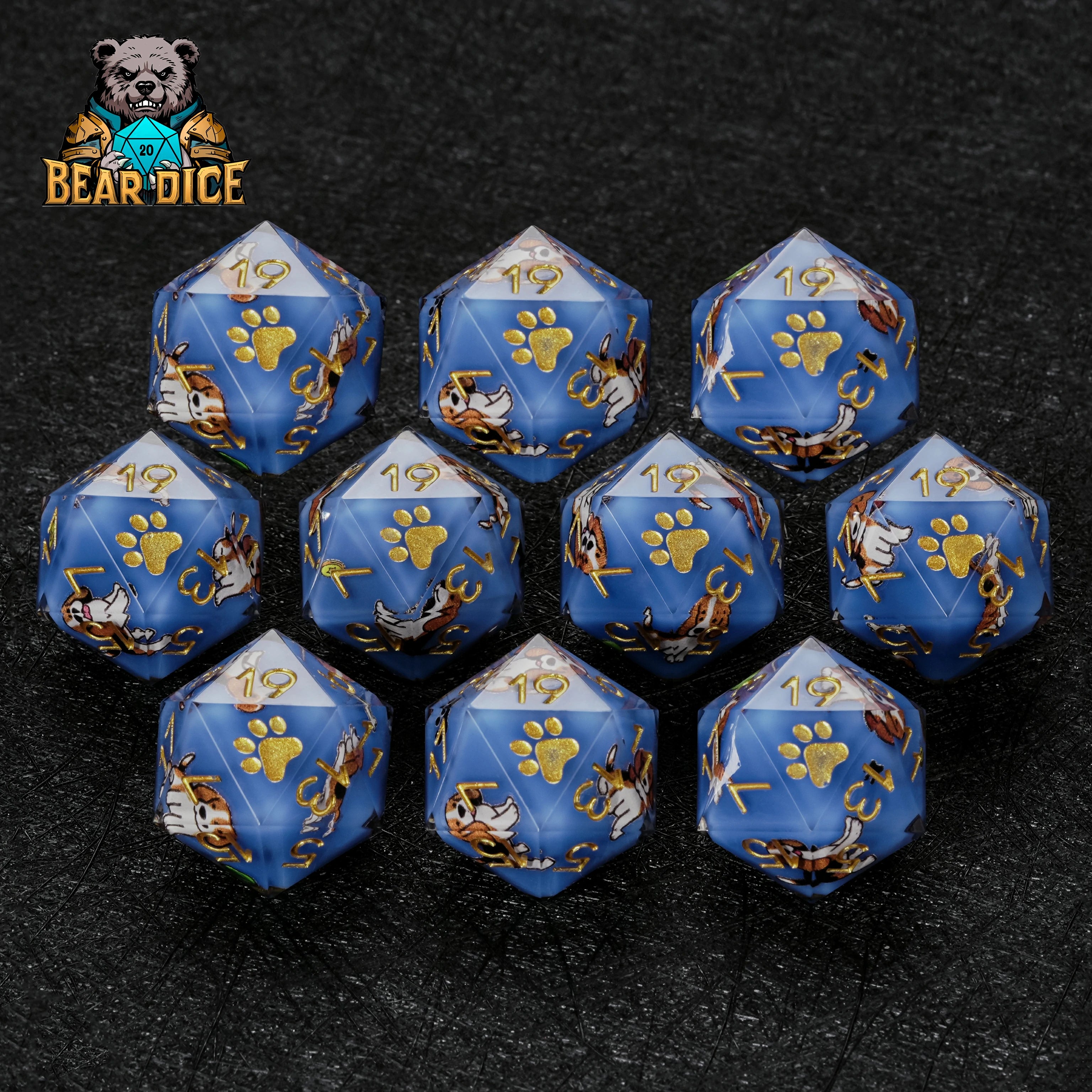 Beagle Blue Resin DND D20 Dice | Single D20 with Beagle & Paw Print Design
