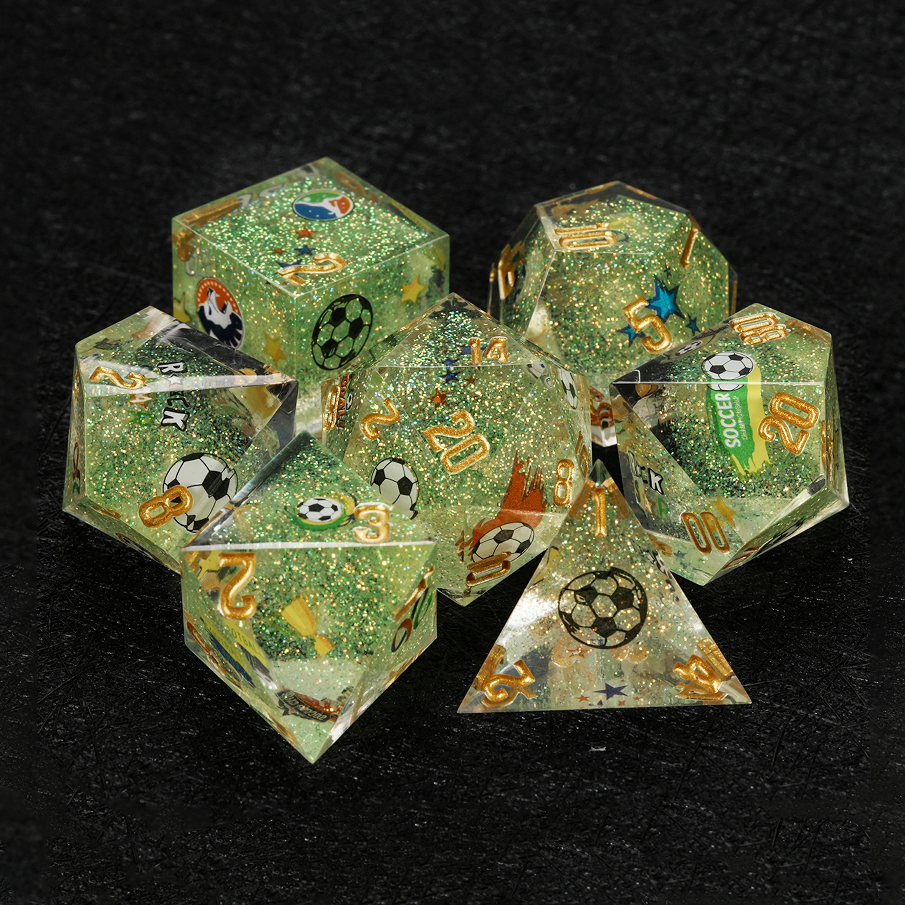 Brazil Soccer DND Dice Set – World Cup Green Glitter Resin Dice for RPG