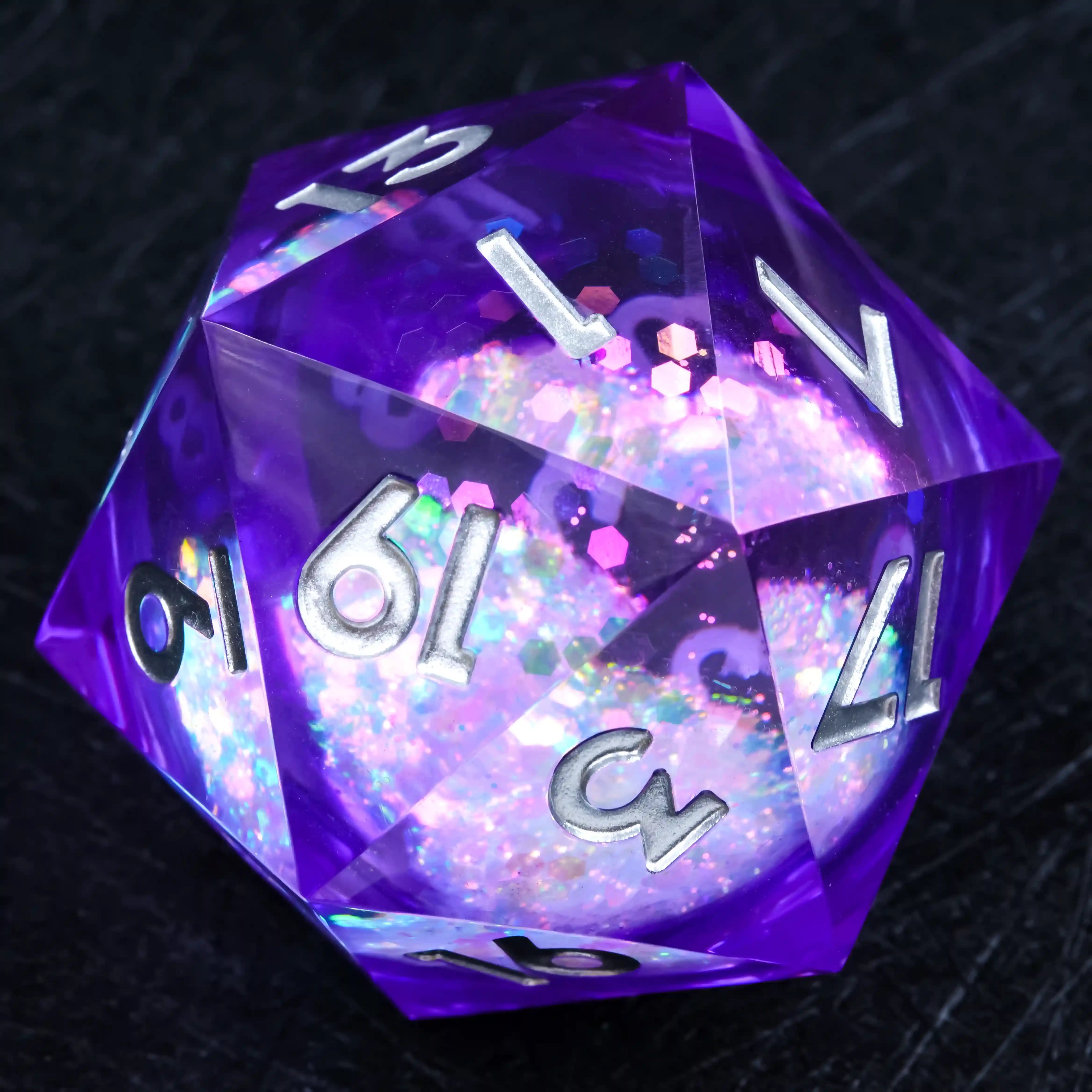 35mm Blue-Purple Transparent Resin Silver Liquid-Core Large D20 Dice + White Numbers