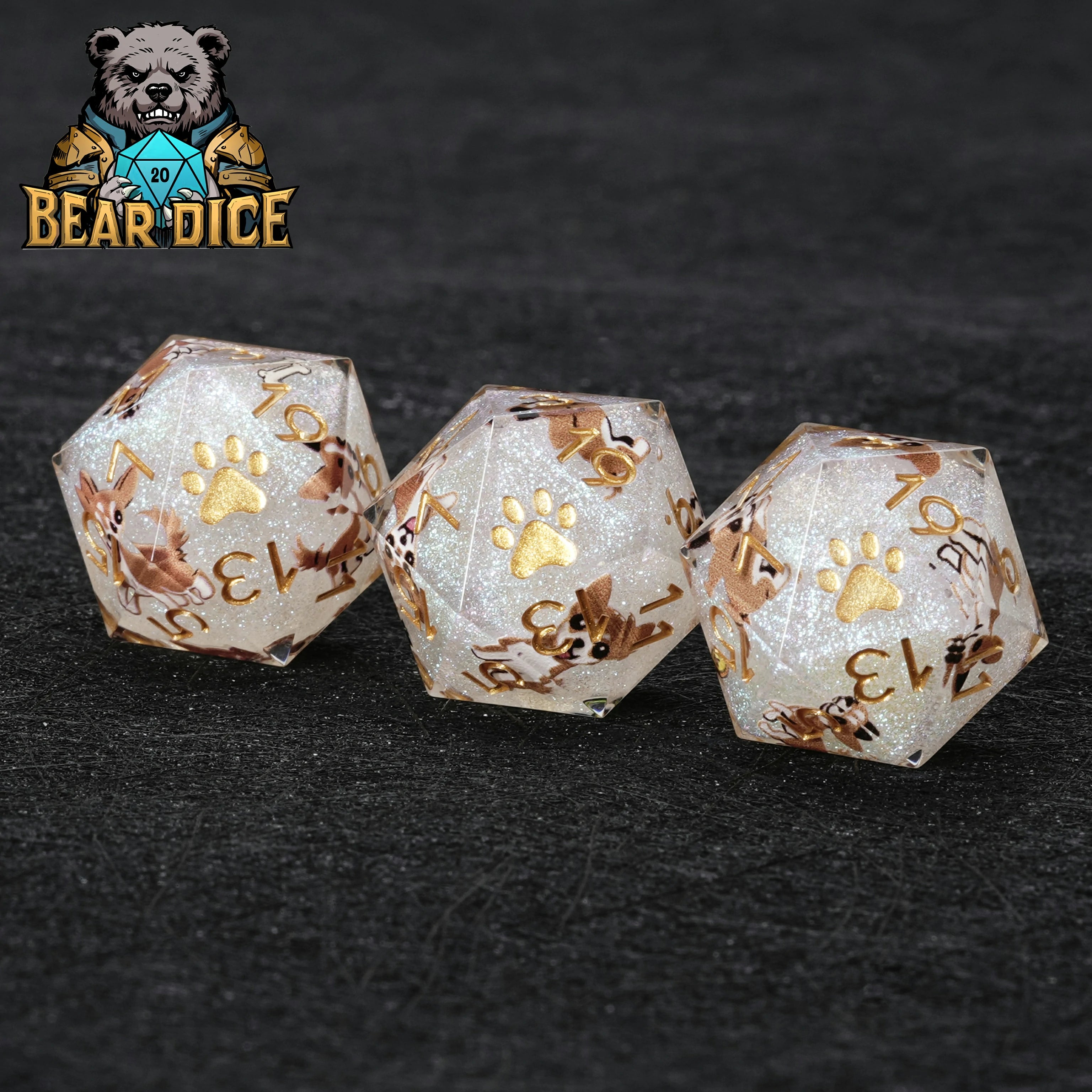 Chihuahua White Glitter Resin DND D20 Dice – Handcrafted RPG Polyhedral Set
