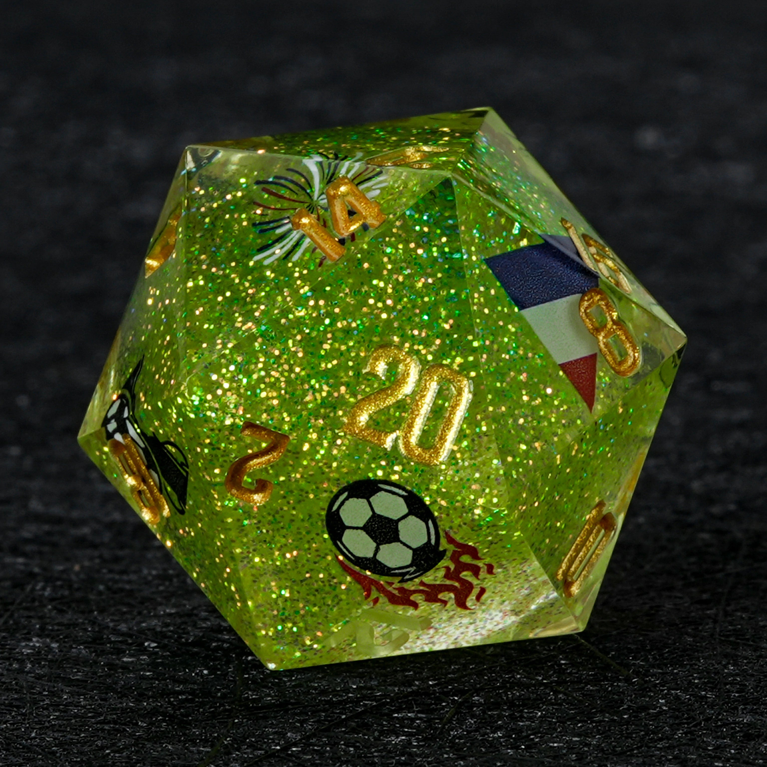 France Soccer DND Dice Set – World Cup Green Glitter Resin Dice for RPG