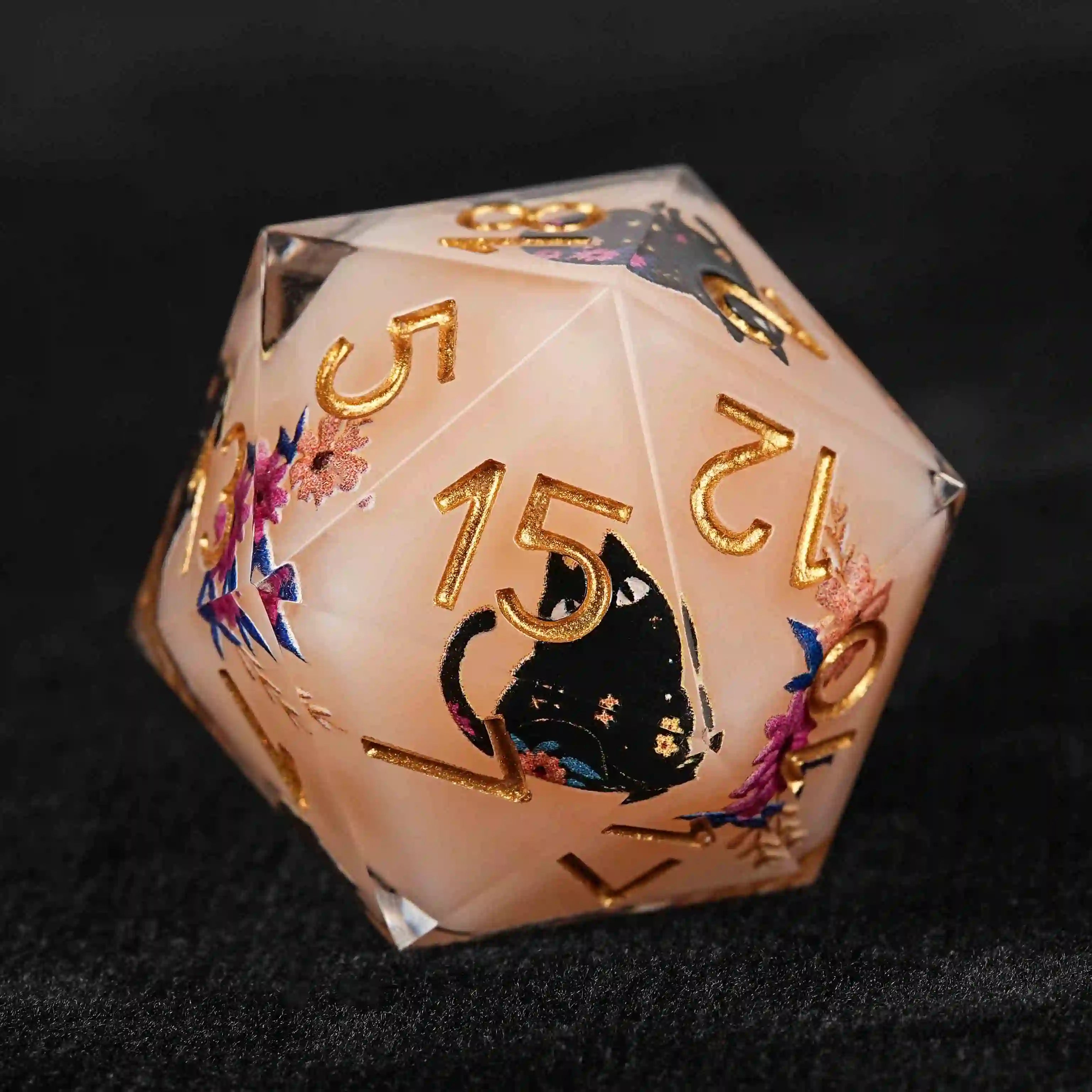 Handcrafted Unique Dice Set: Egyptian Pharaoh's Black Cat Flower Resin Sharp Edged Orange dnd d20 Dice + Gold Font | Bear Dice