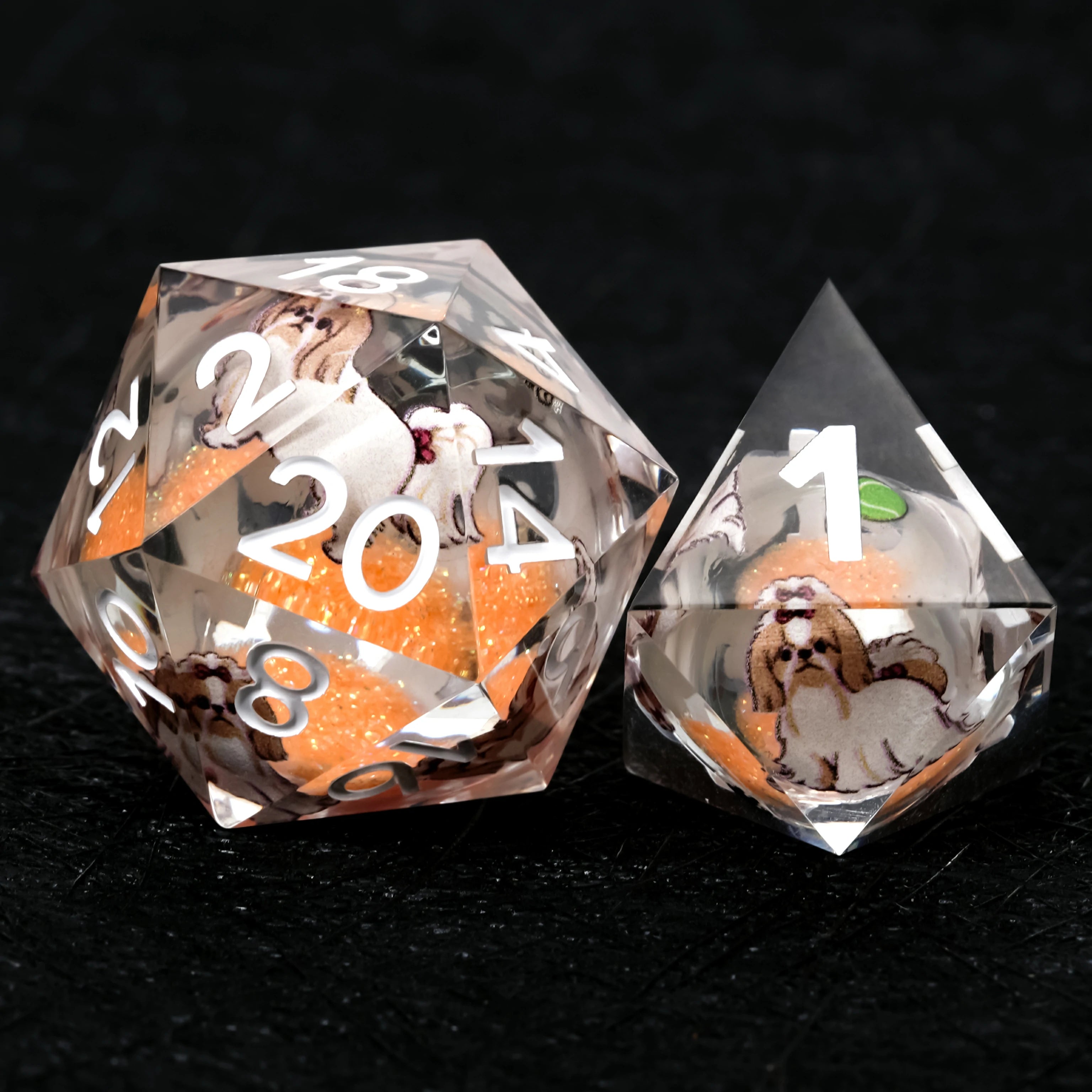 Shih Tzu Orange Liquid-Core Resin Dice Set | White Numbers