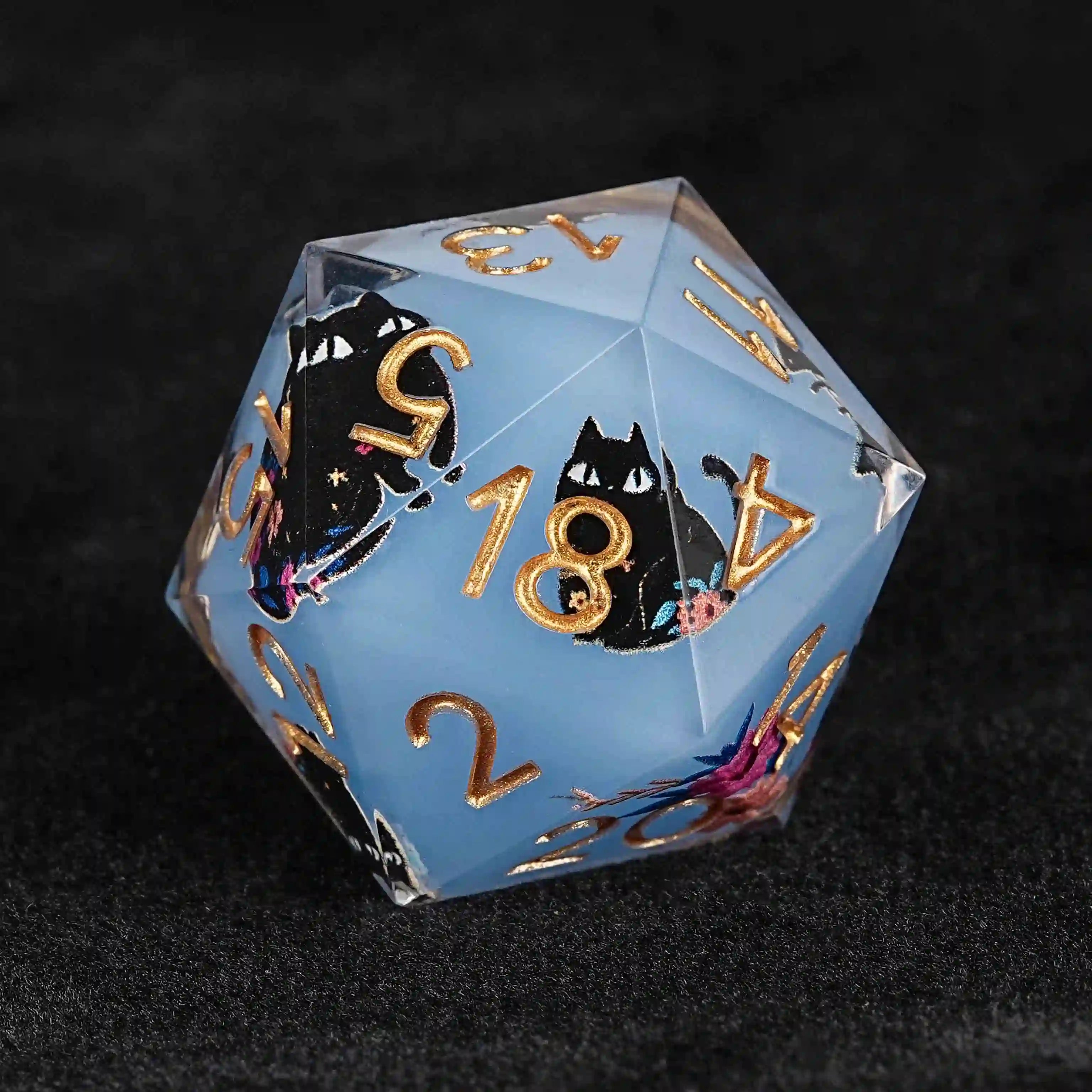 Cool dice sets: 7 gold font polyhedron dnd black cat resin d20 dice | Bear Dice