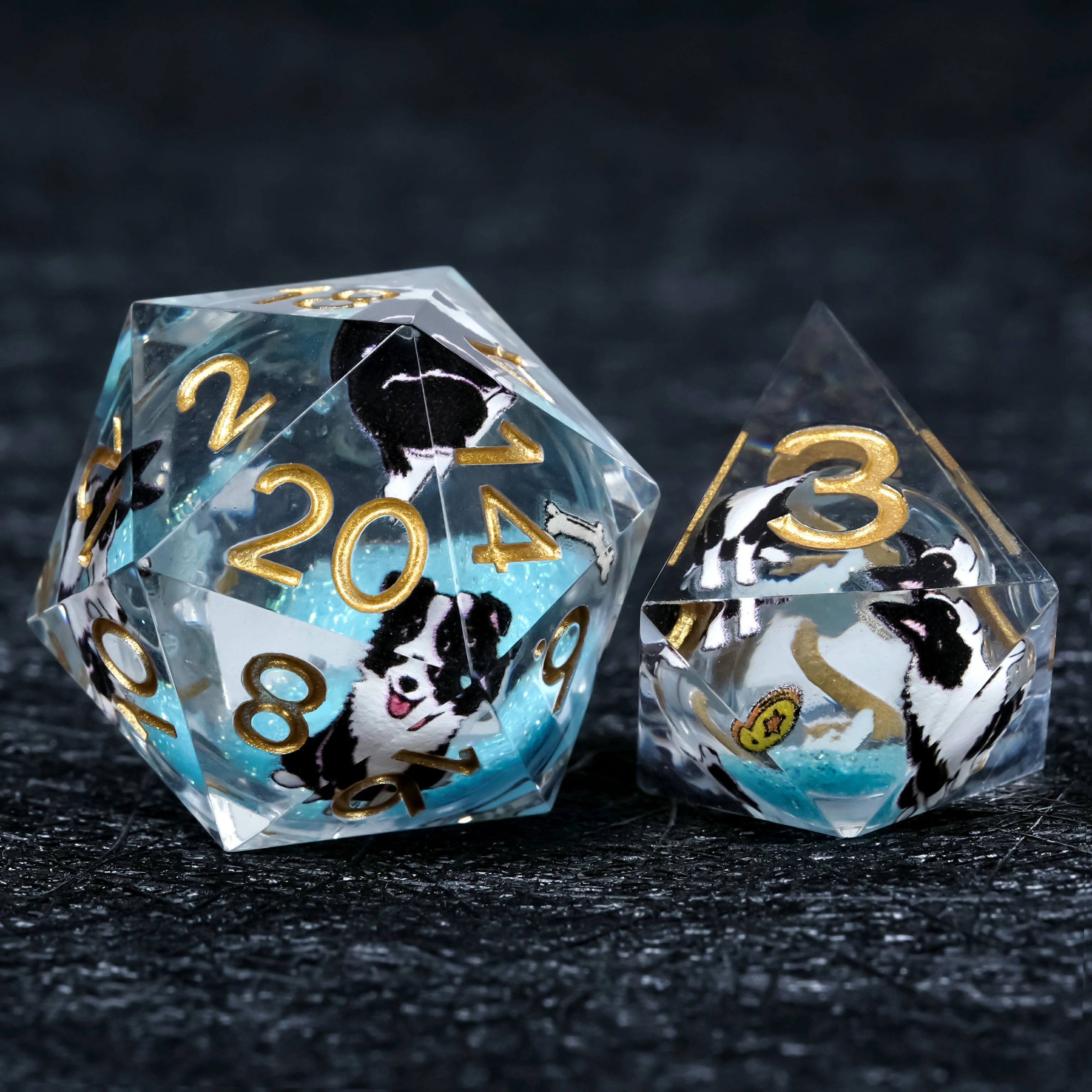 Border Collie White Liquid-Core Resin Dice Set | Gold Numbers | D&D RPG Dice