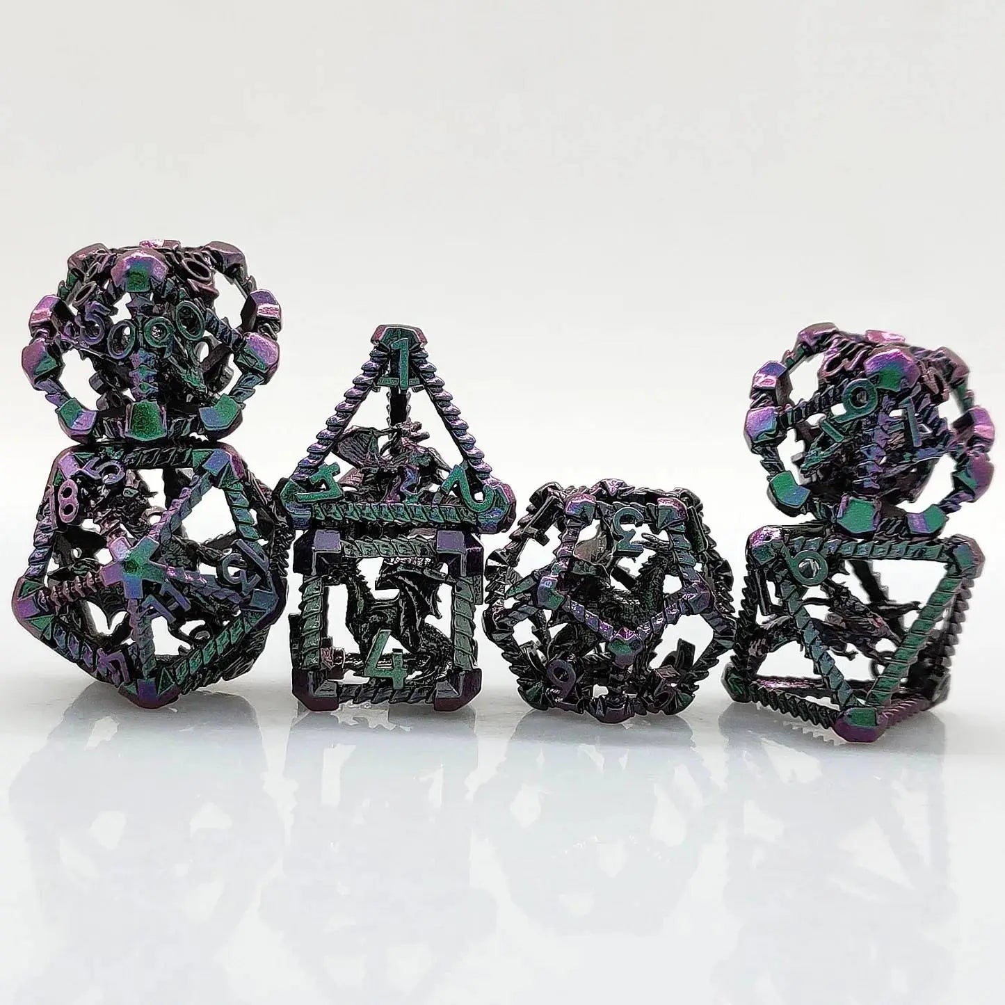 3D Metal Pterosaur Hollow Polyhedron DND Dice Set + Gradient Purple Blue - Bear Dice