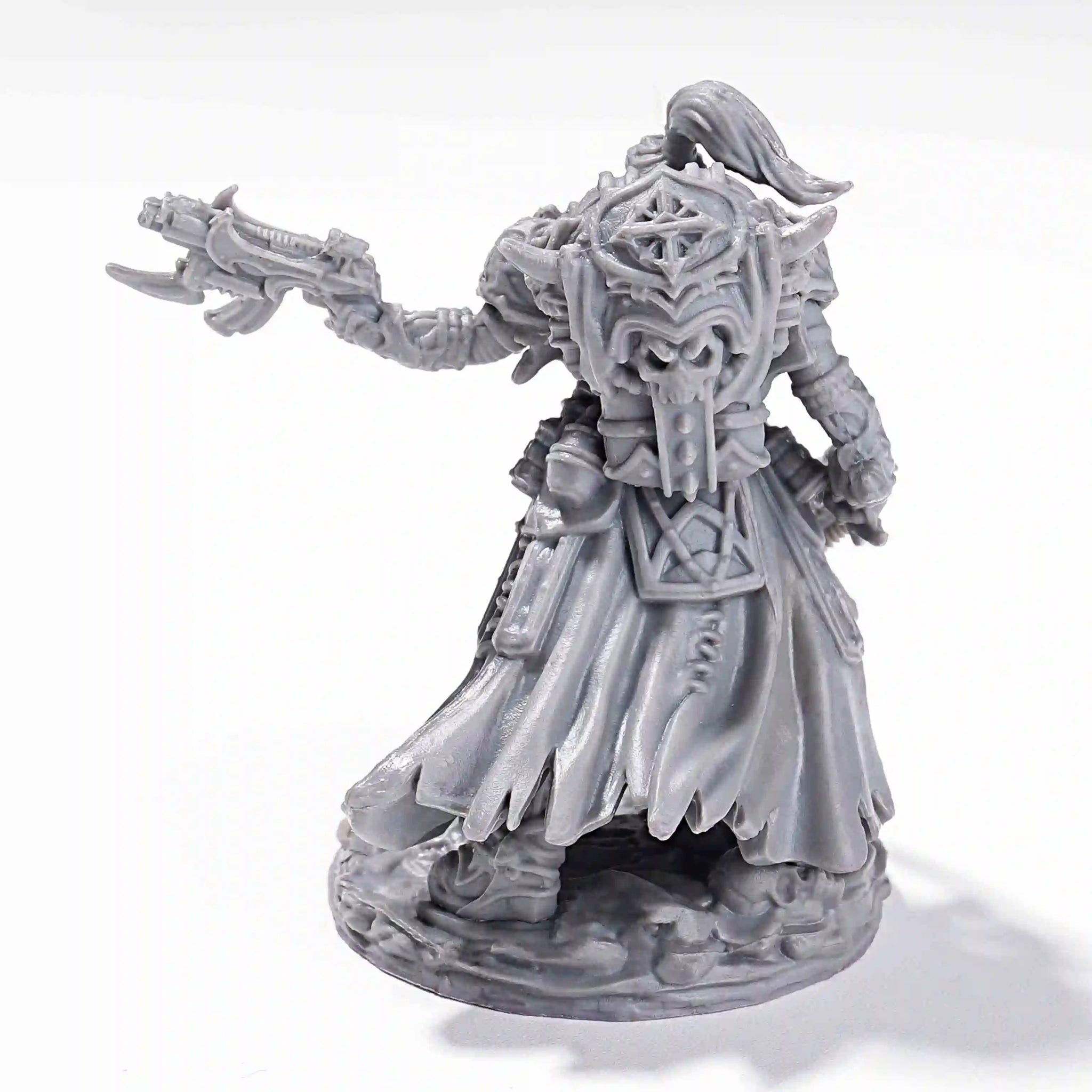 3D printed Valkyrie RPG miniature model holding a gun and stepping on a skull base - Bear Dice