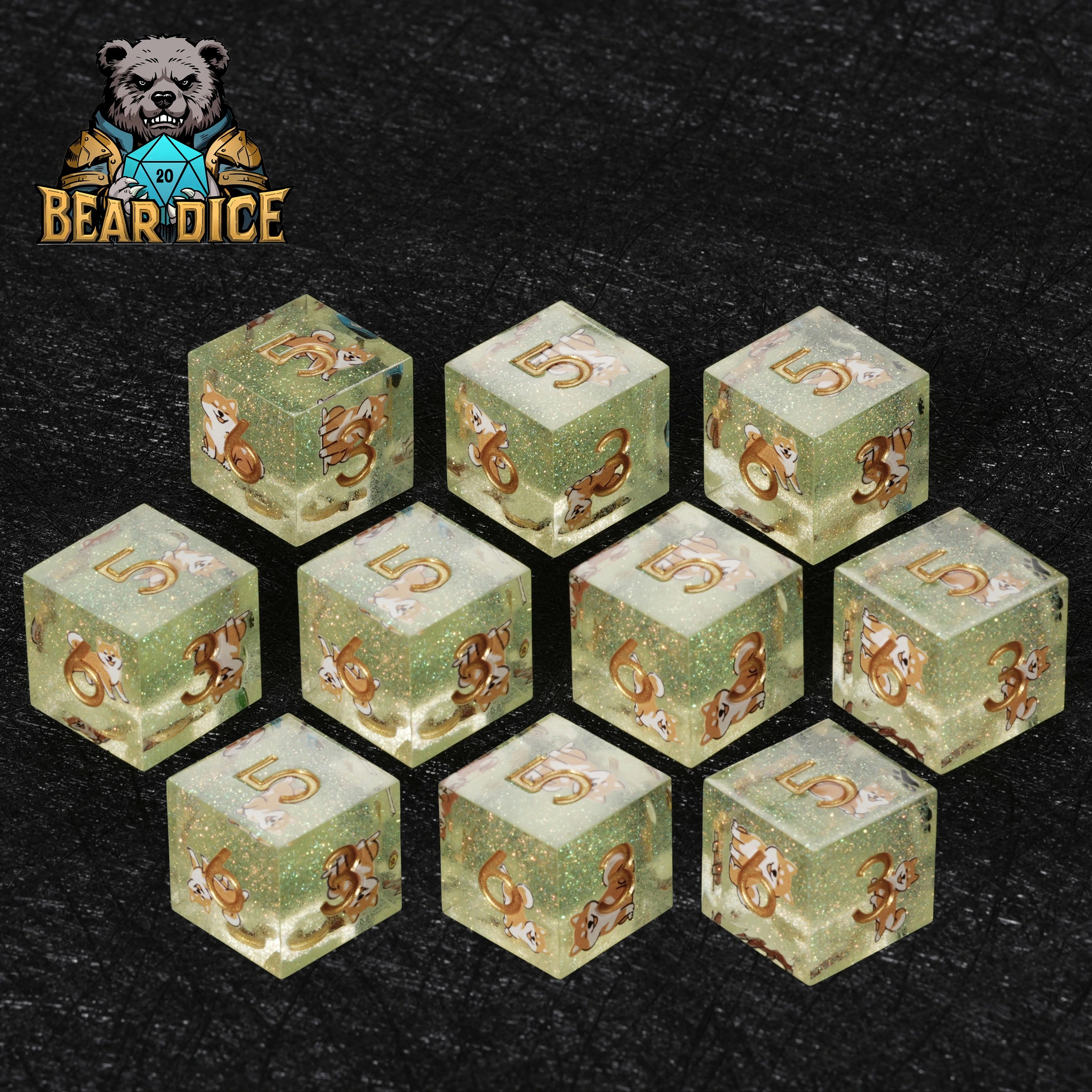 Shiba Inu Green Glitter Resin DND D6 Dice – Sharp Edge RPG Dice for Dog Lovers
