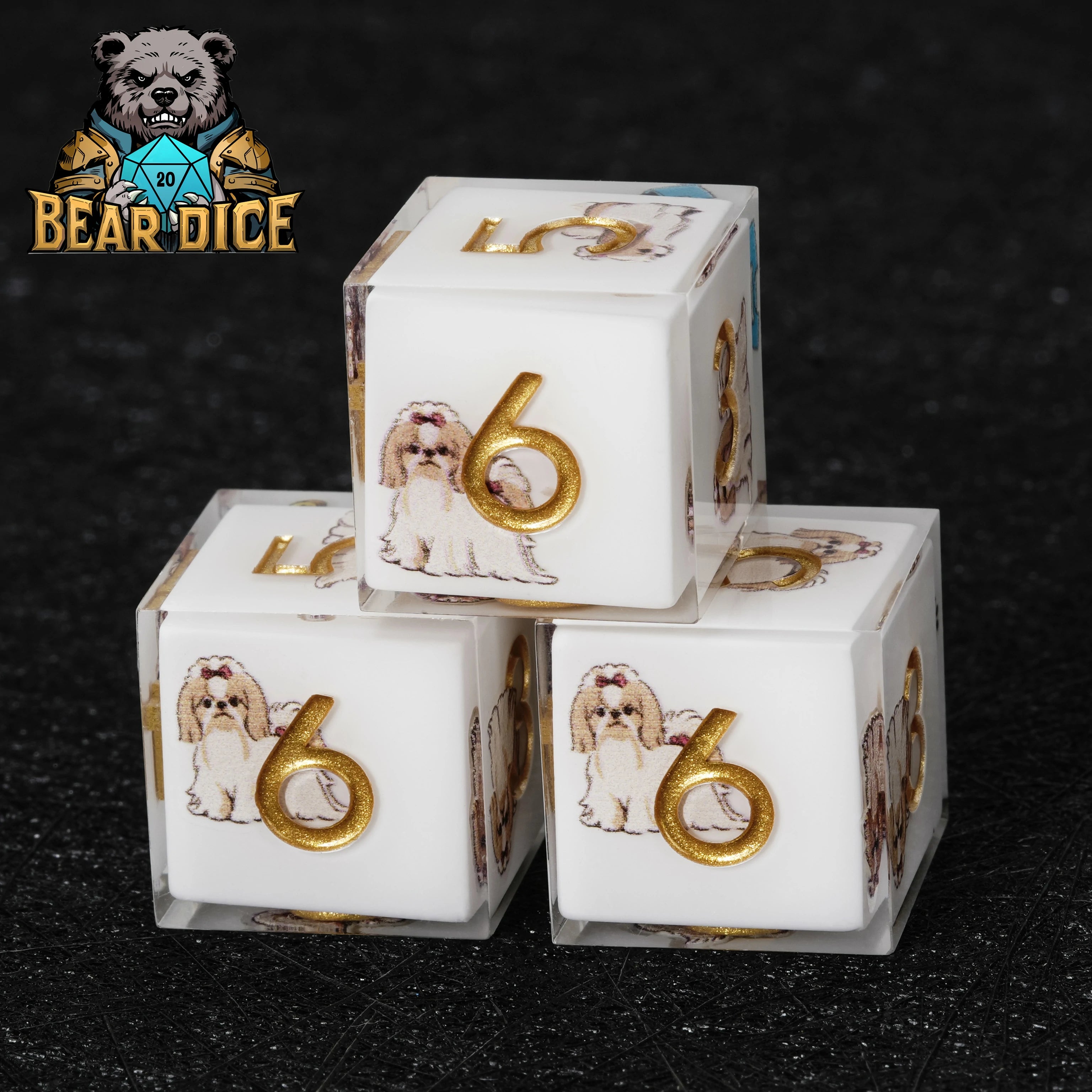 Shih Tzu White Resin D&D D6 Dice Set — Cute Dog Dice for RPG Games