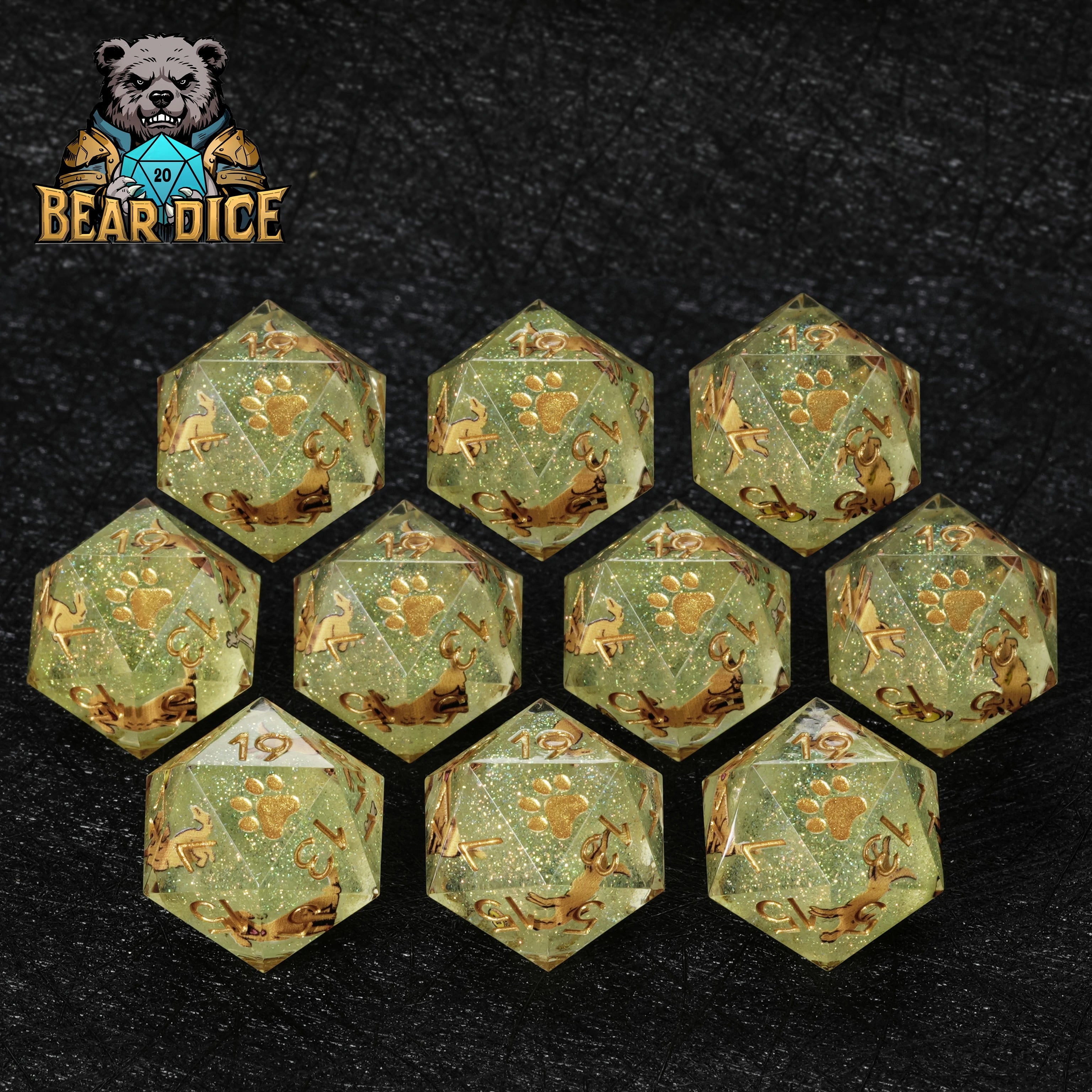 Golden Retriever Green Glitter Resin D&D D20 Dice | Bear Dice
