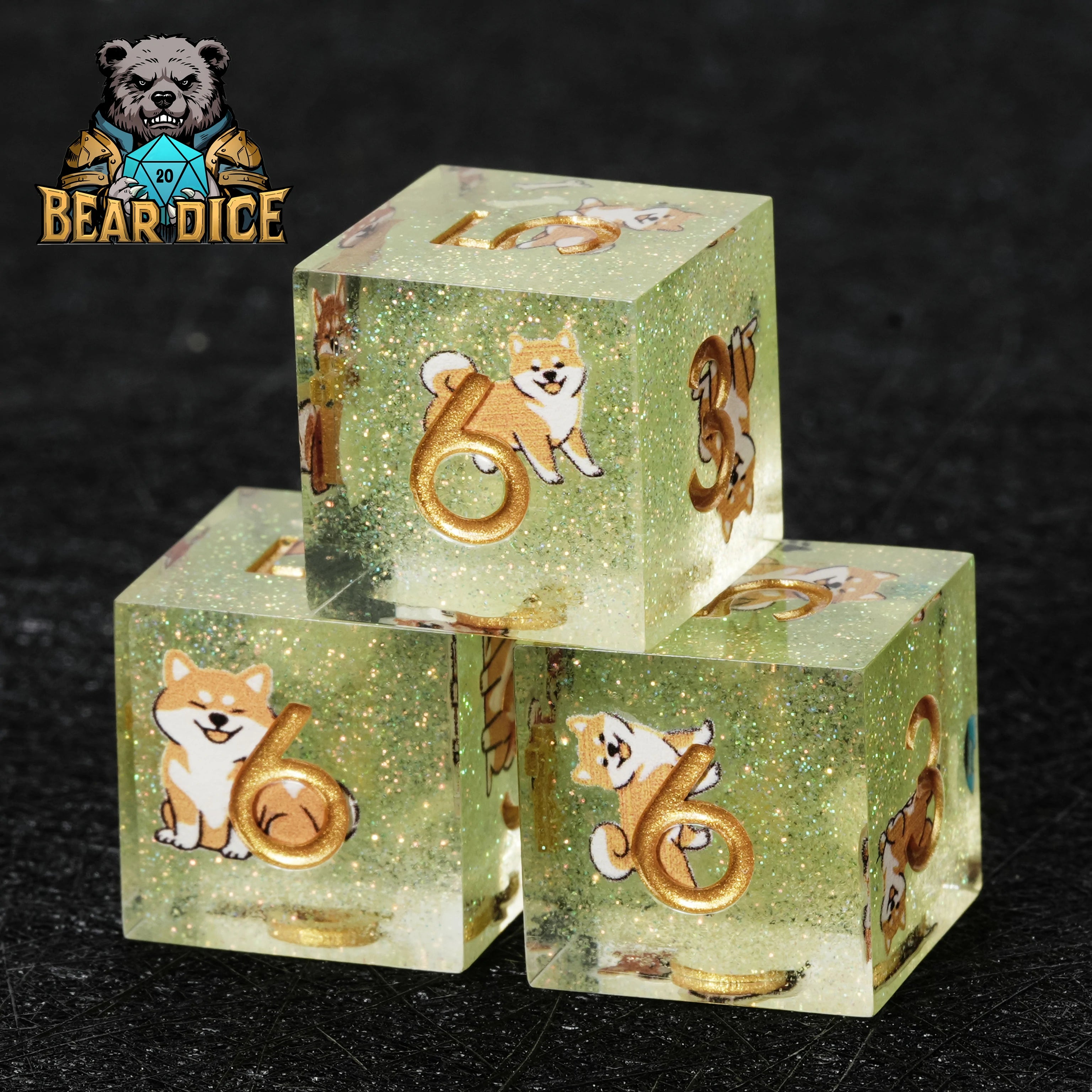 Shiba Inu Green Glitter Resin DND D6 Dice – Sharp Edge RPG Dice for Dog Lovers