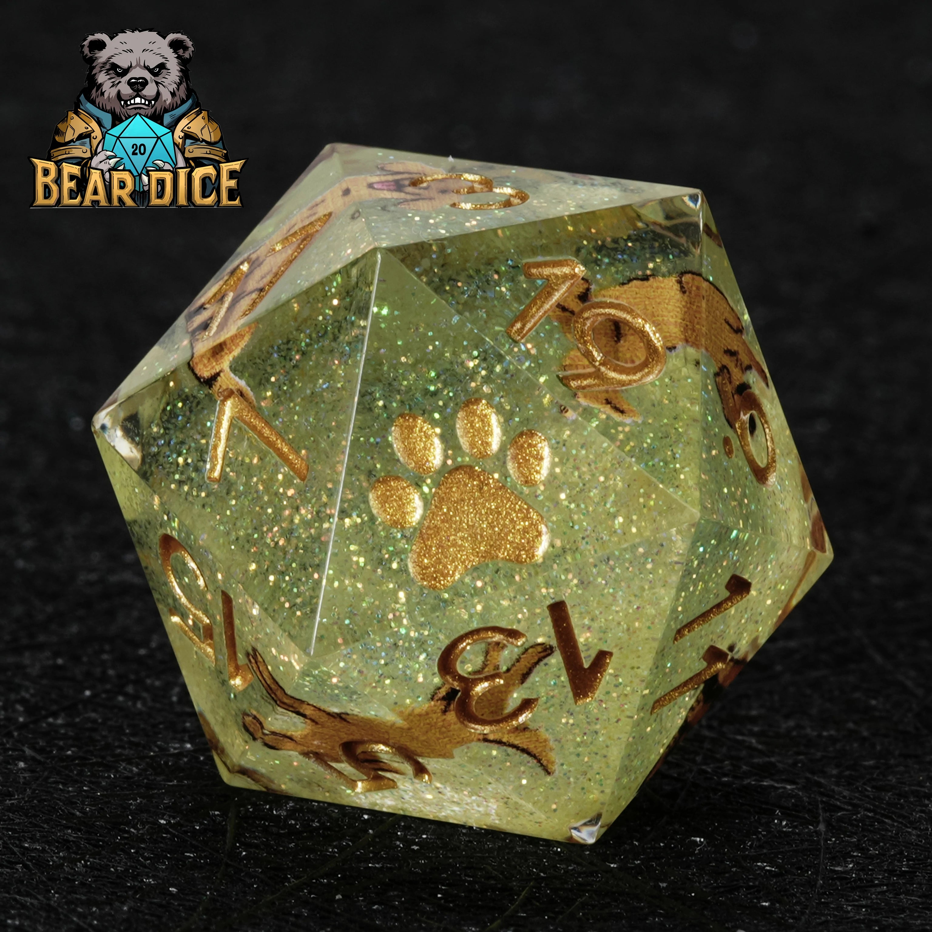 Golden Retriever Green Glitter Resin D&D D20 Dice | Bear Dice