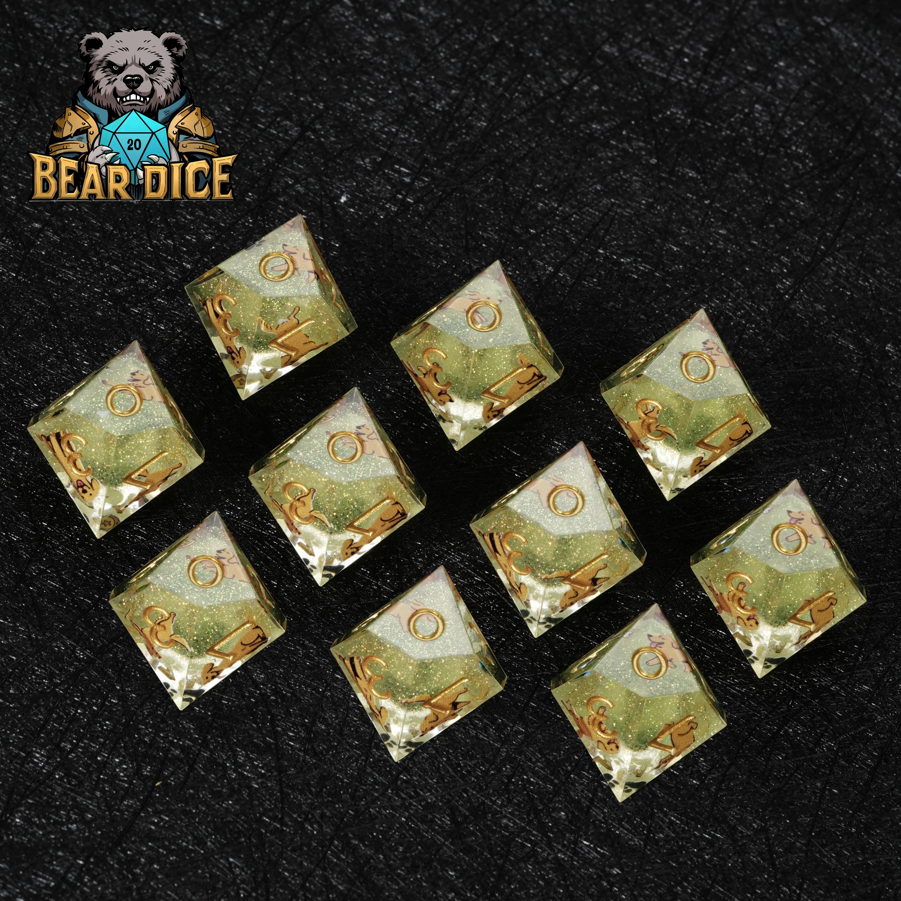 Golden Retriever Green Glitter Resin D&D D10 Dice