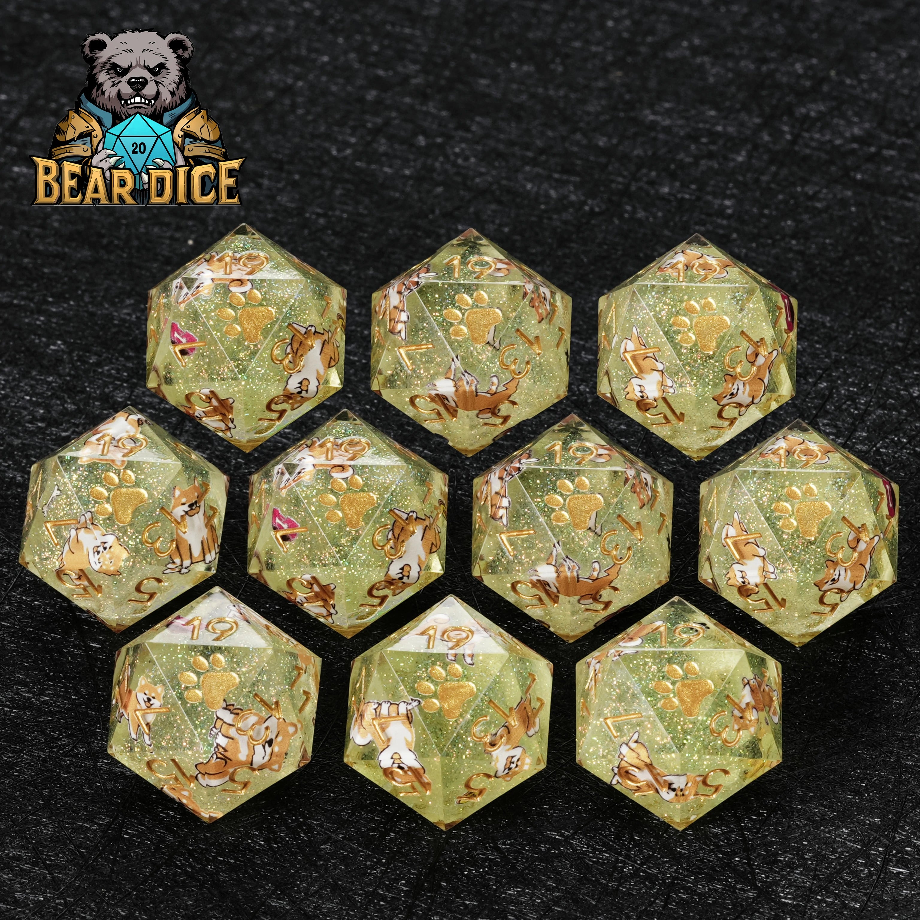Shiba Inu Green Glitter Resin DND D20 Dice Set – full set of 10 dice arranged on dark background