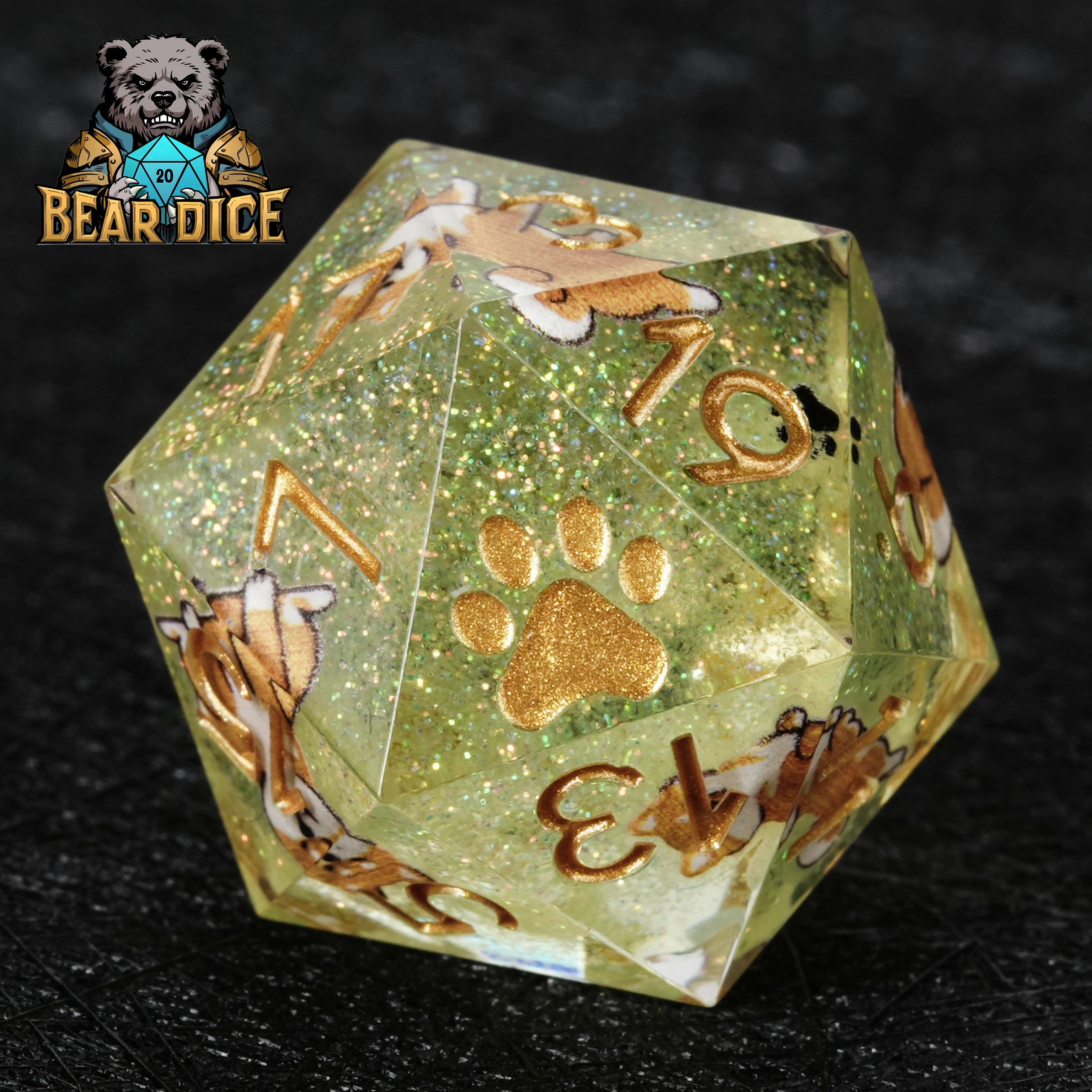 Shiba Inu Green Glitter Resin DND D20 Dice Set – Cute RPG Dice for D&D & Tabletop Games