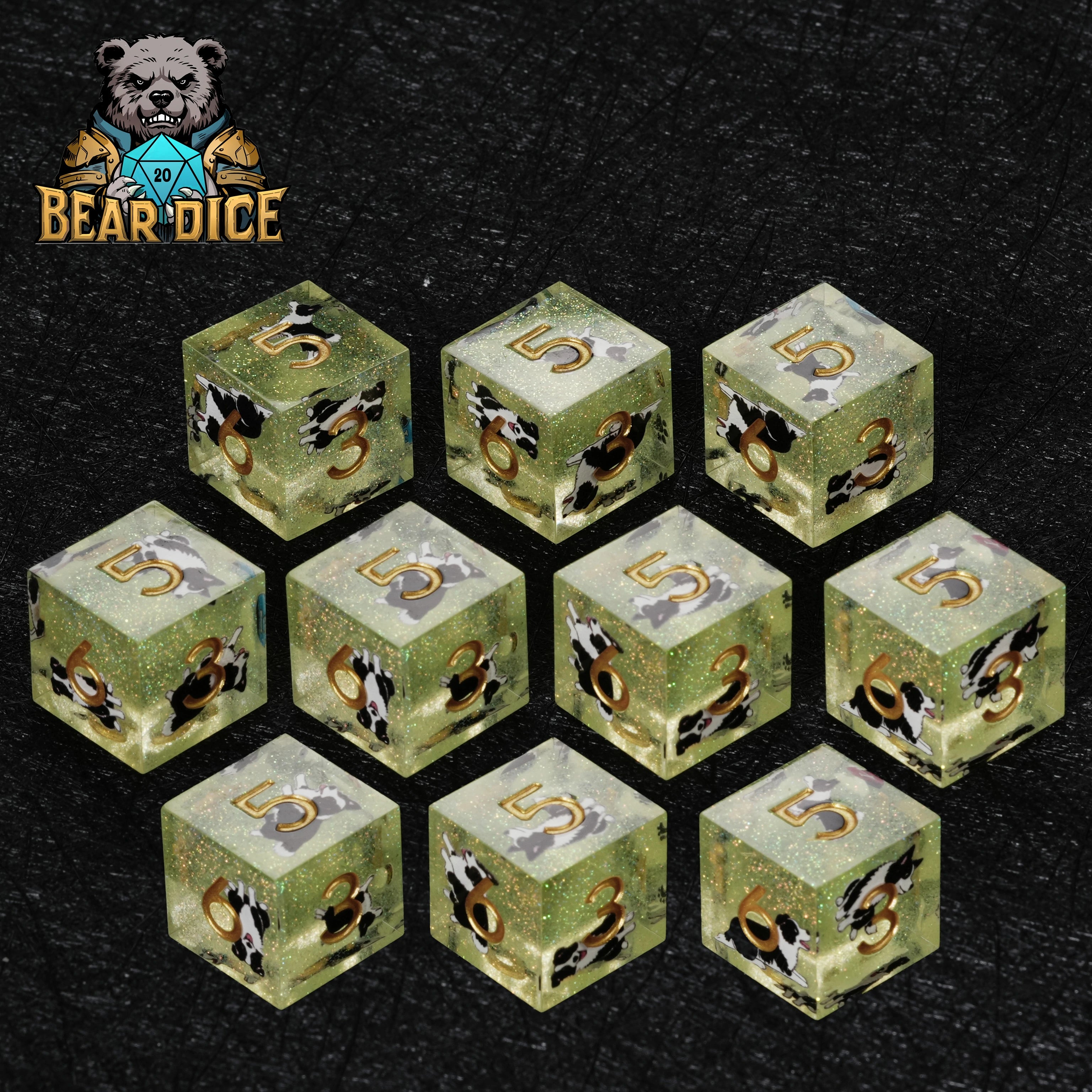Border Collie Green Glitter Resin D&D D6 Dice | RPG Polyhedral Dice Set