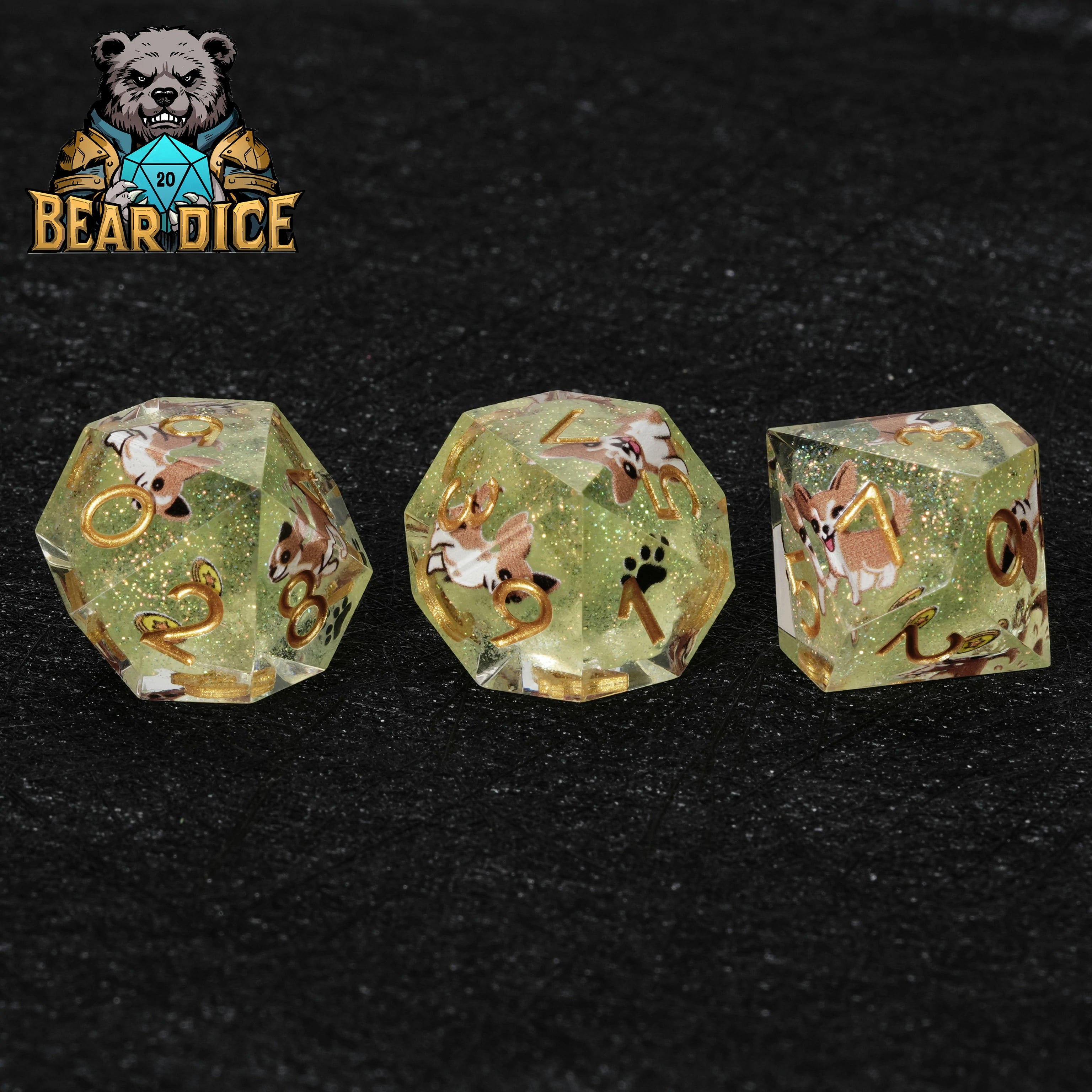 Chihuahua Green Glitter Resin DND D10 Dice | Bear Dice