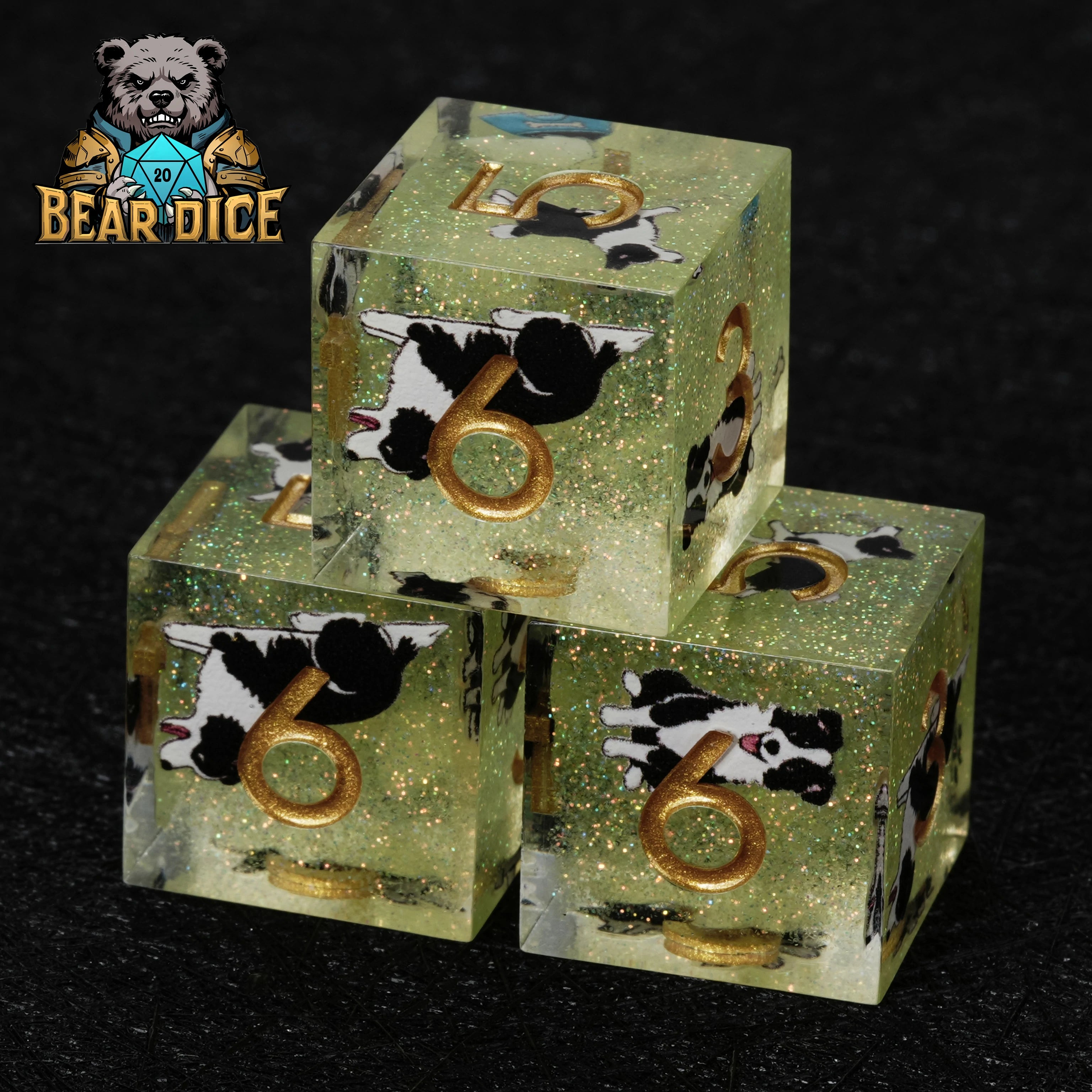 Border Collie Green Glitter Resin D&D D6 Dice | RPG Polyhedral Dice Set