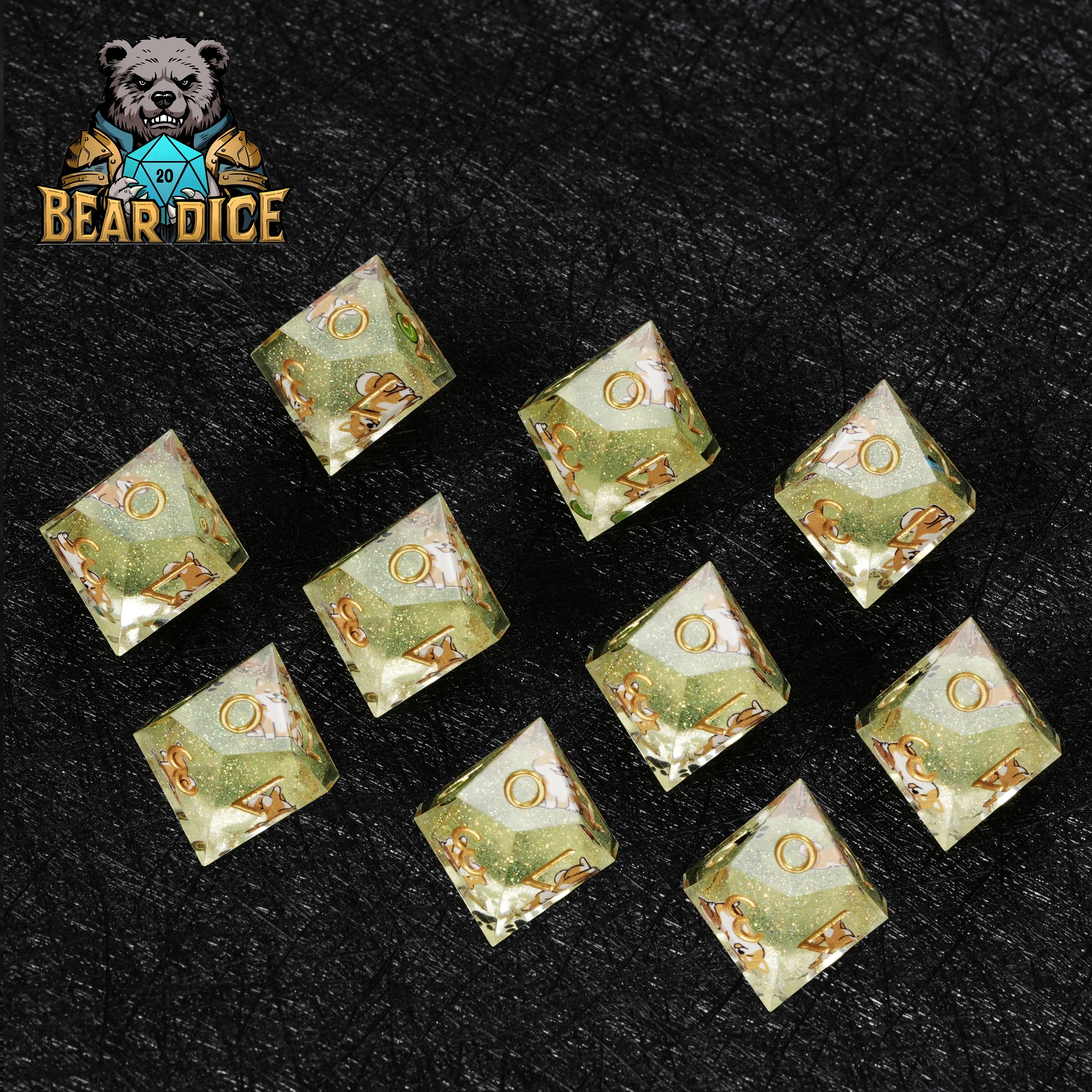Shiba Inu Green Glitter Resin DND D10 Dice | Polyhedral RPG Dice