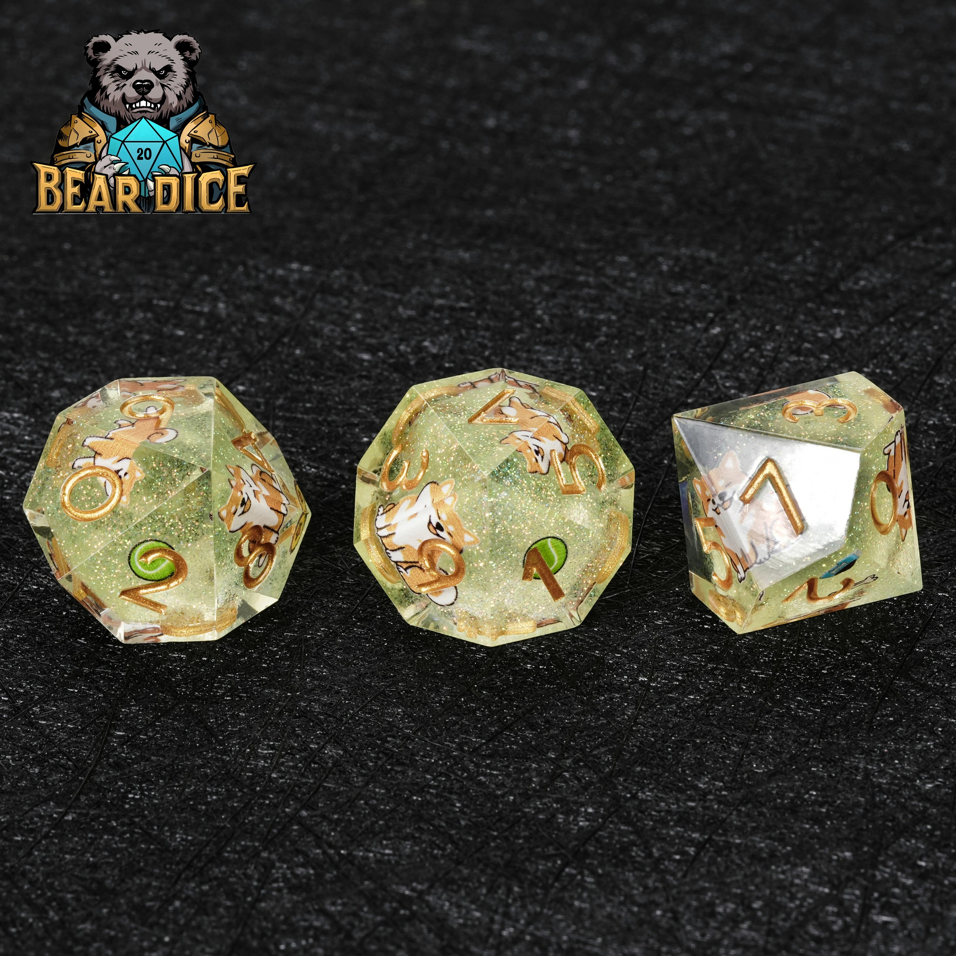 Shiba Inu Green Glitter Resin DND D10 Dice | Polyhedral RPG Dice